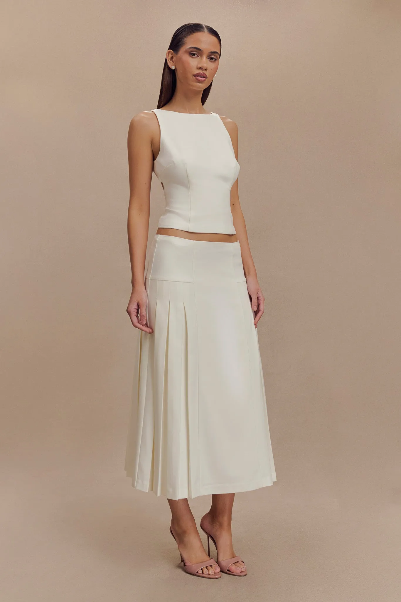 Relaxed Wearable Mesh Panel Brigette Pleated Midi Skirt - Ivory