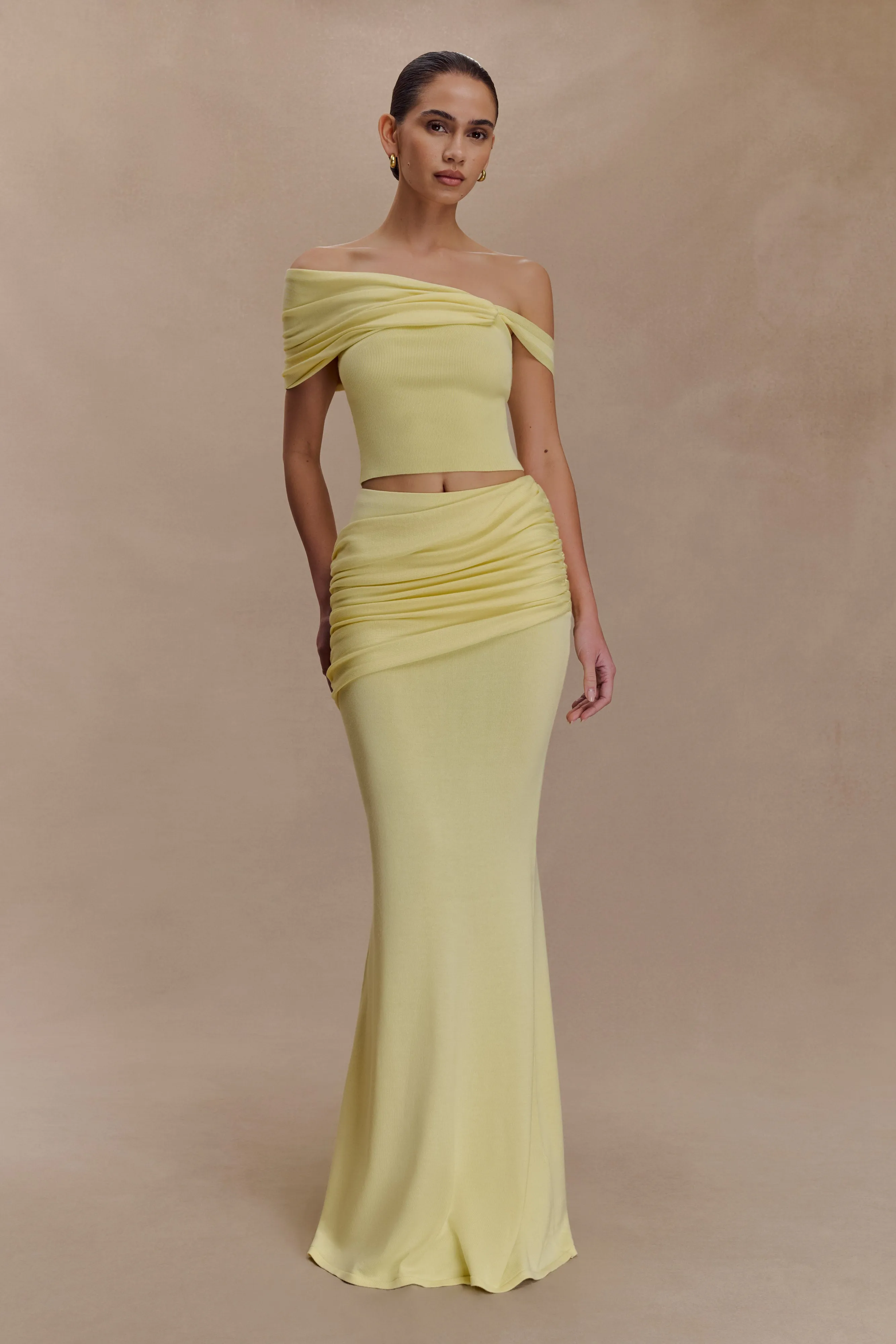 V-neck Shirt Layered Placket Design Irene Gathered Knit Top - Lemon