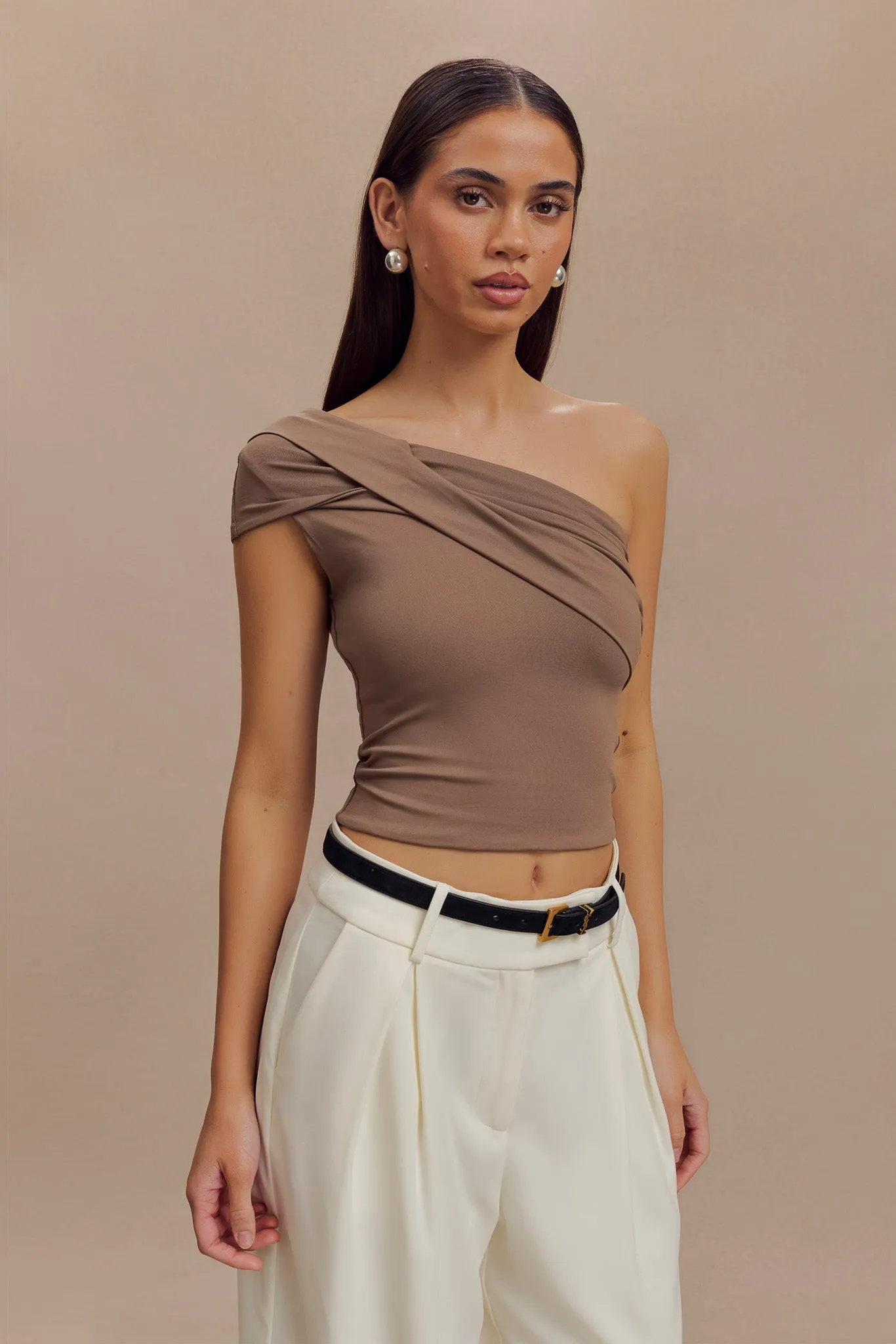Solene One Shoulder Recycled Nylon Twist Top - Smoke AllDayComfort EcoFriendlyMaterial