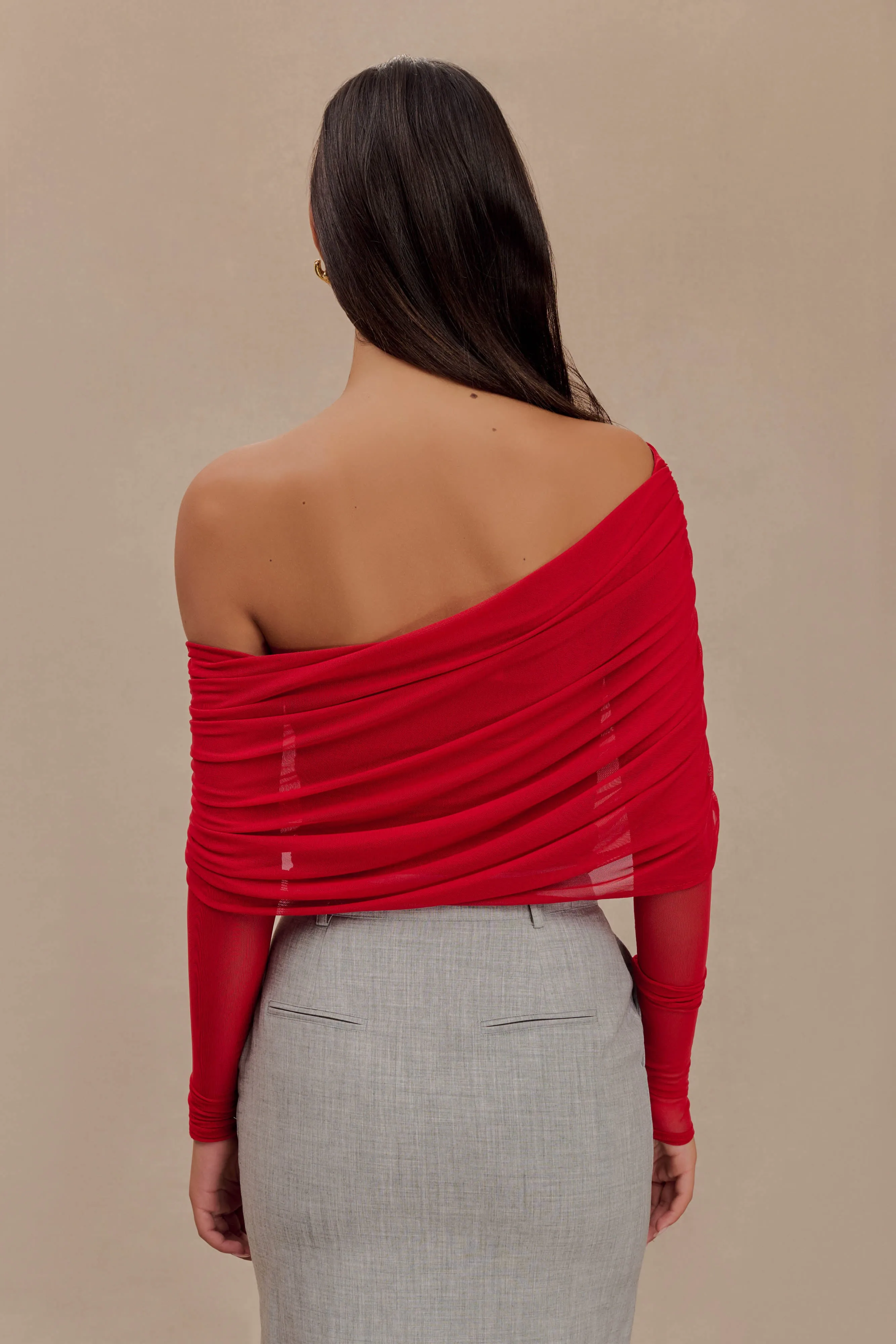 Everly Sheer Mesh Off Shoulder Top - Ruby WrinkleResistantTextile