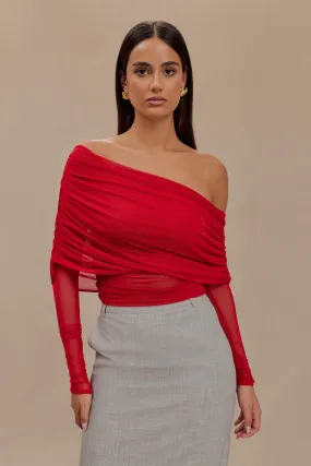 Everly Sheer Mesh Off Shoulder Top - Ruby DoubleLayeredShoulders RibbedTexture