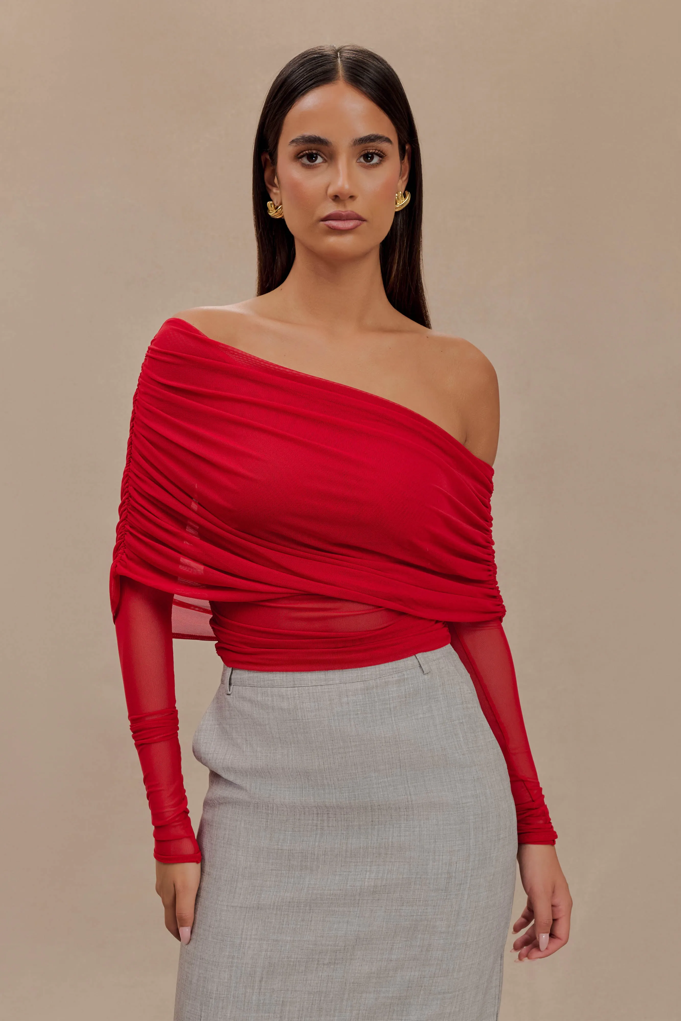 Everly Sheer Mesh Off Shoulder Top - Ruby DoubleLayeredShoulders RibbedTexture