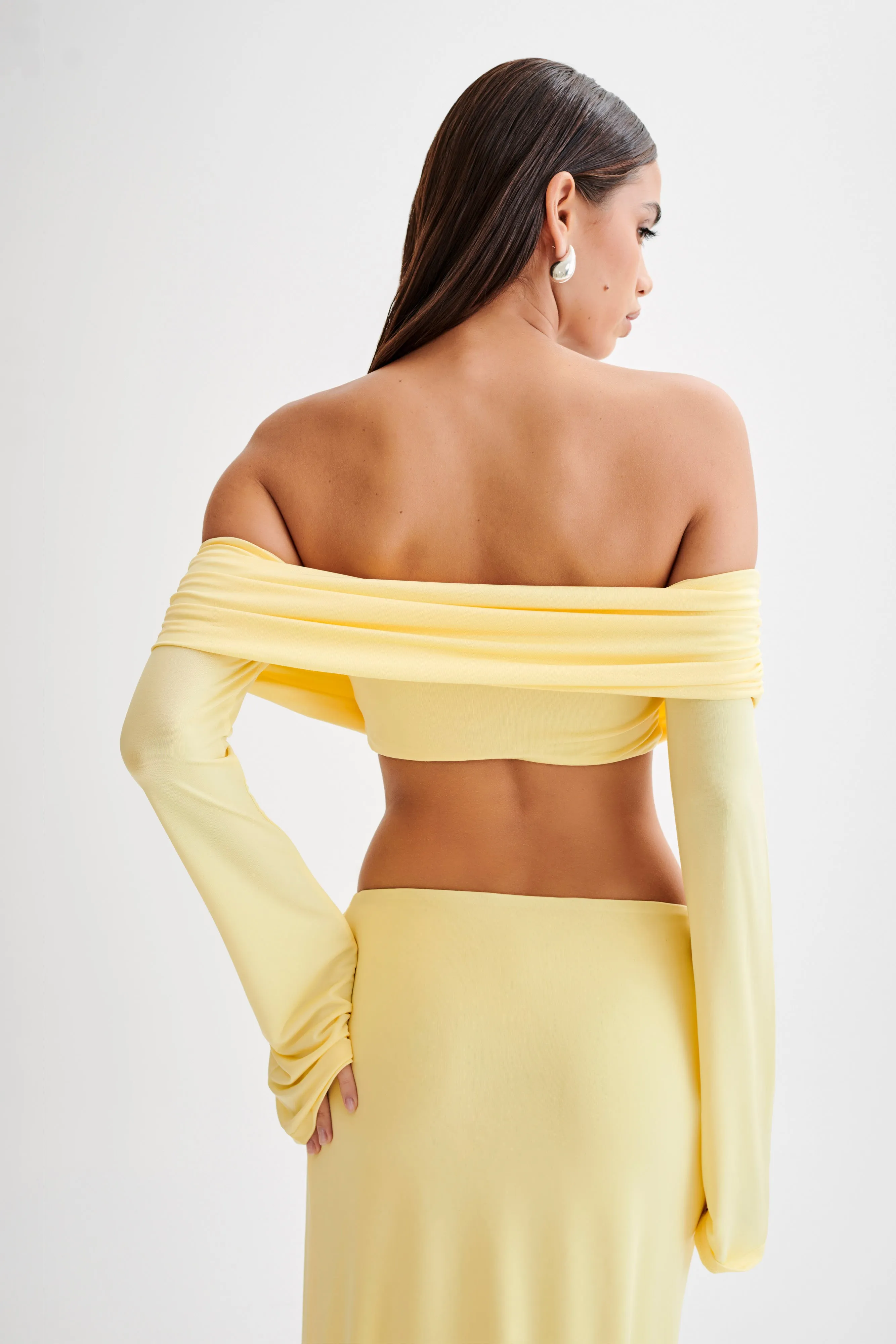 Camryn Slinky Off Shoulder Crop Top - Yellow Durable Fiber Blend Anti Microbial Lining