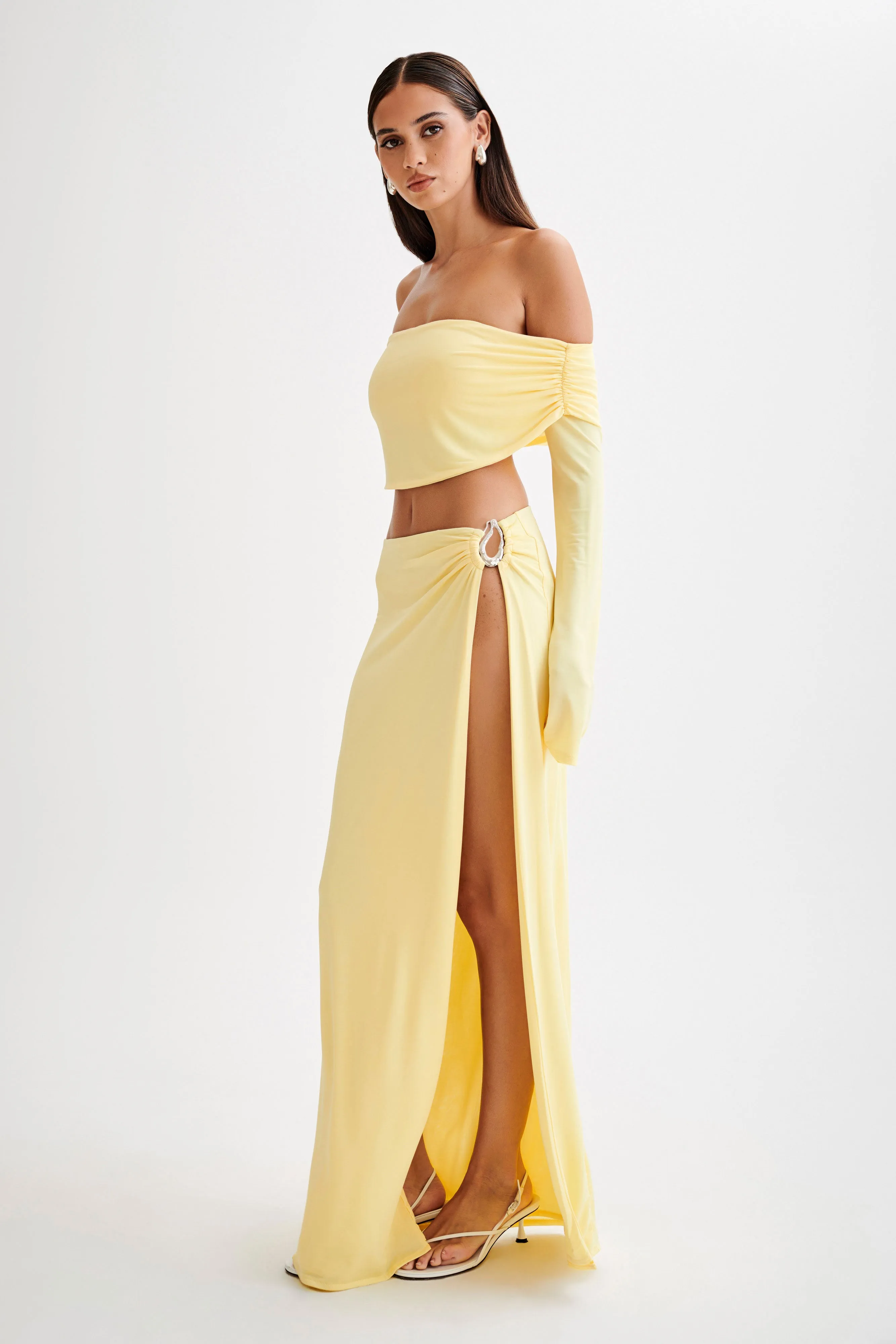 RibbedTrims Camryn Slinky Off Shoulder Crop Top - Yellow