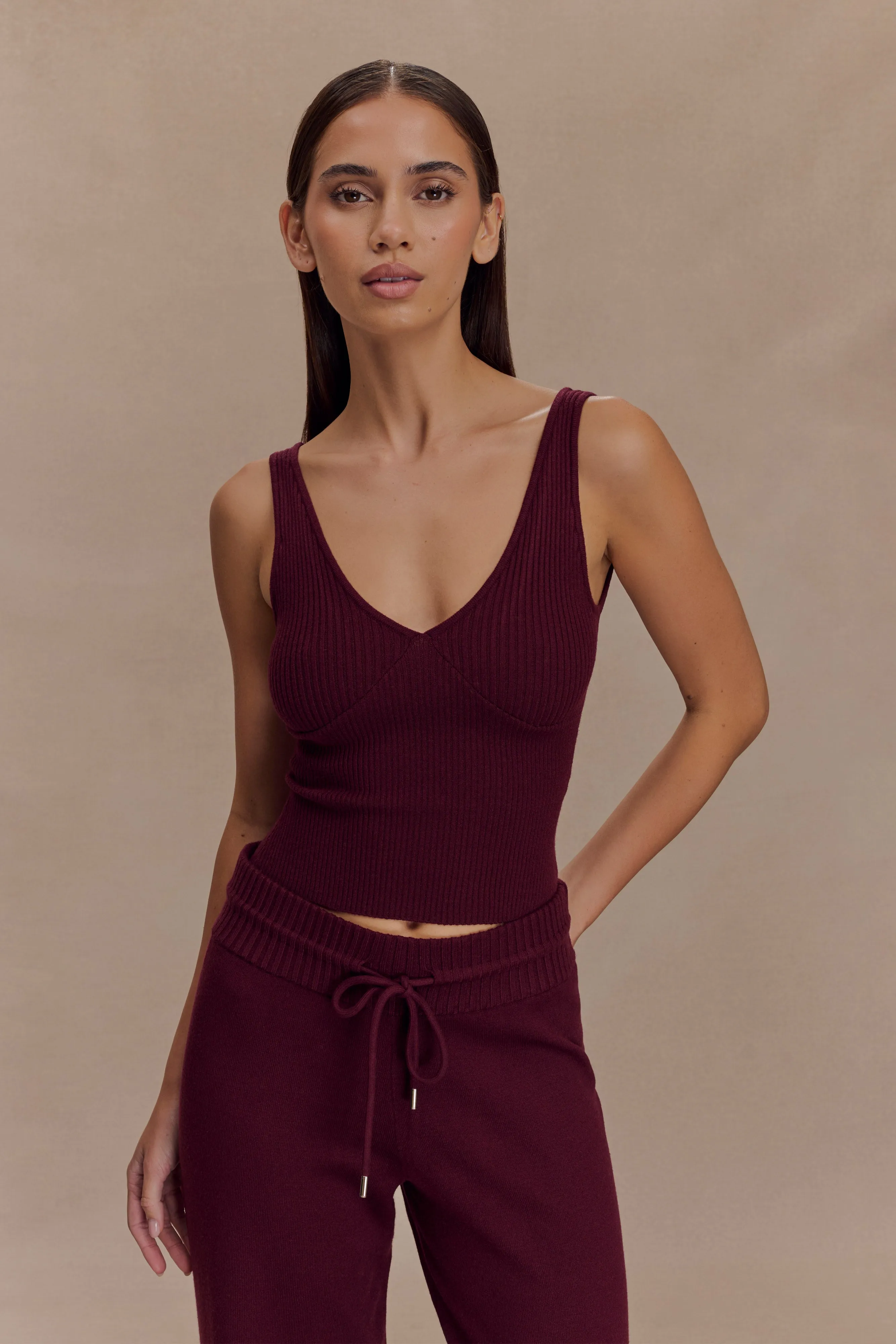 Natalya Ribbed Knit Cami Top - Merlot Interlock Weave