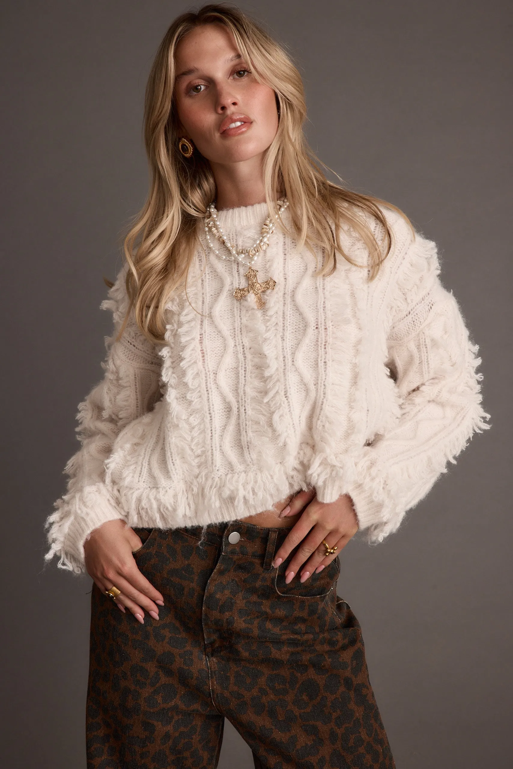Lorie Beige Fringe Sweater FlexibleKnit Double Stitched Hem