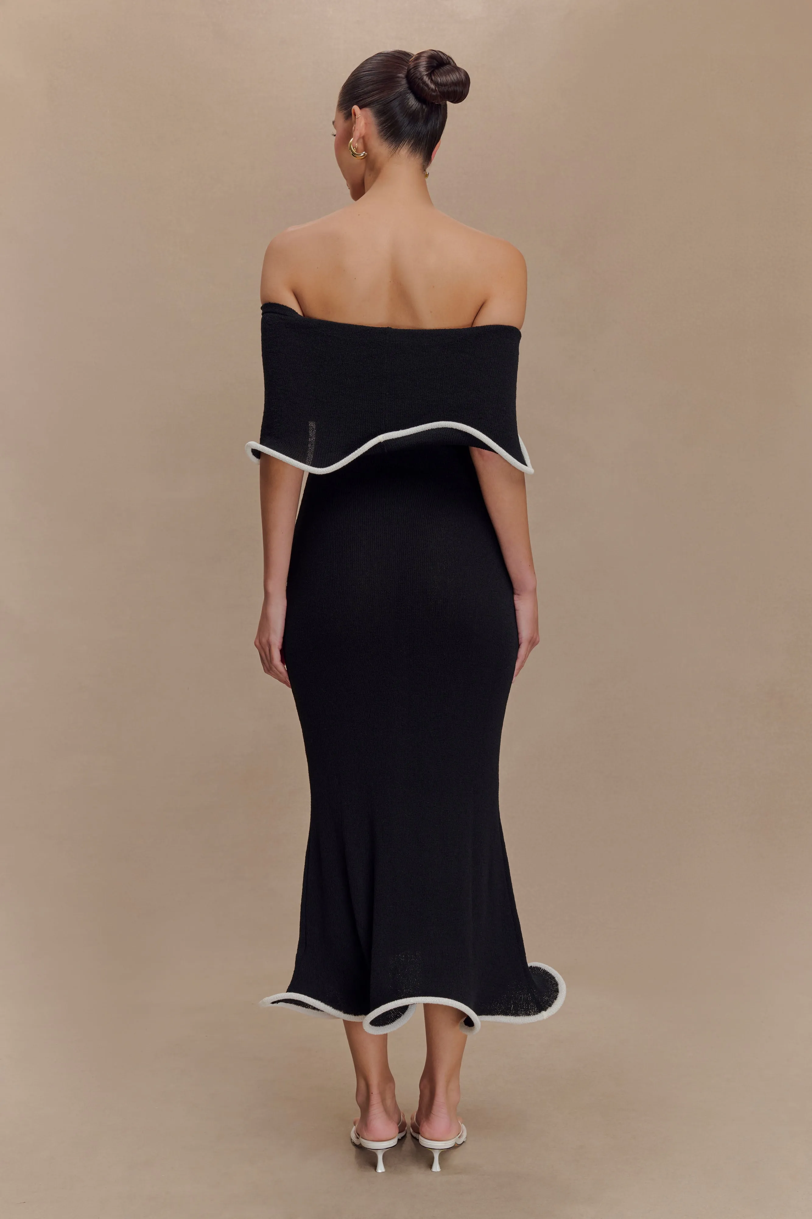 Molly Off Shoulder Knit Midi Dress - Black/White Frayed-Edge Smart Tones
