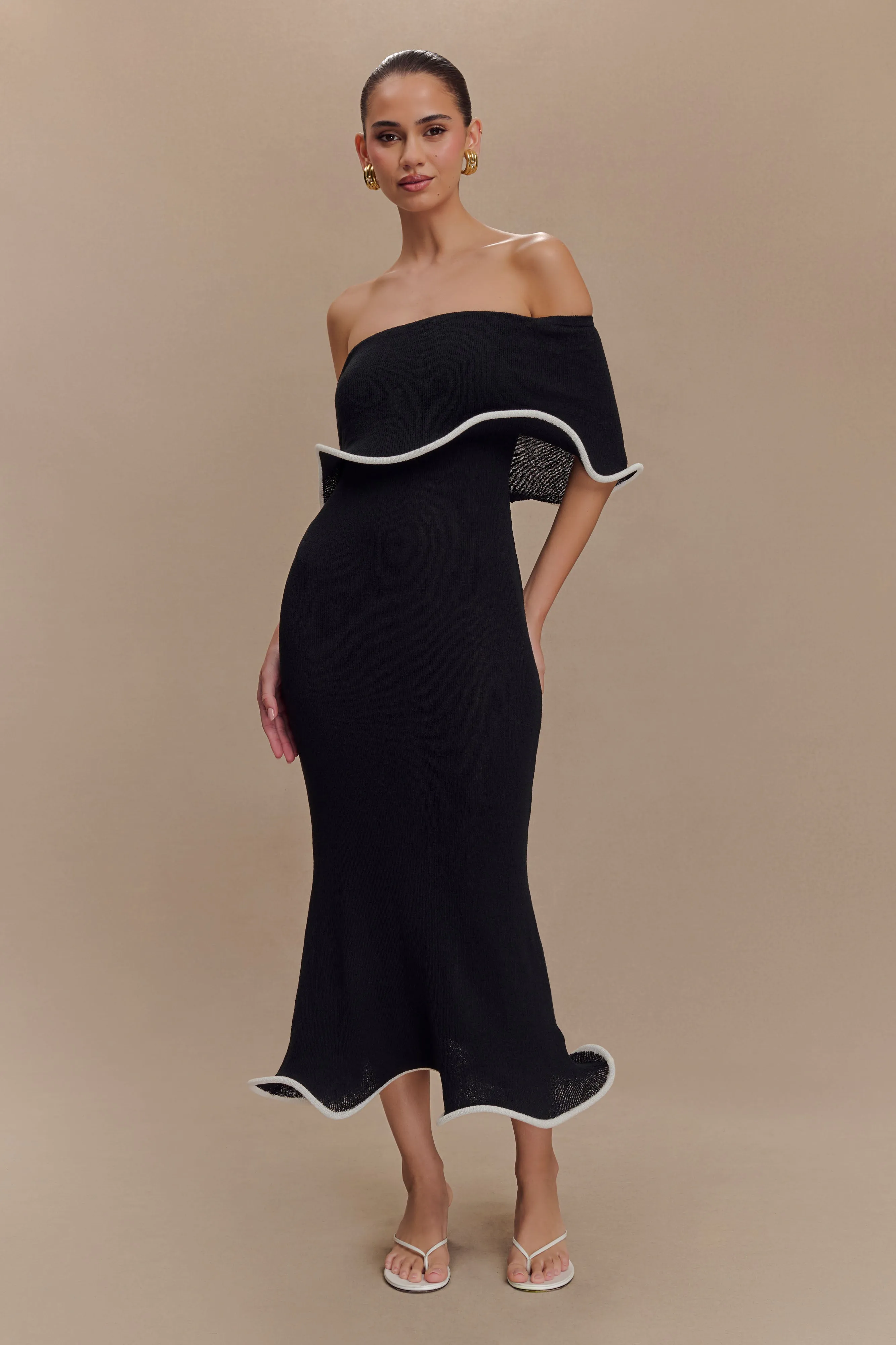 Molly Off Shoulder Knit Midi Dress - Black/White Sheer Panel
