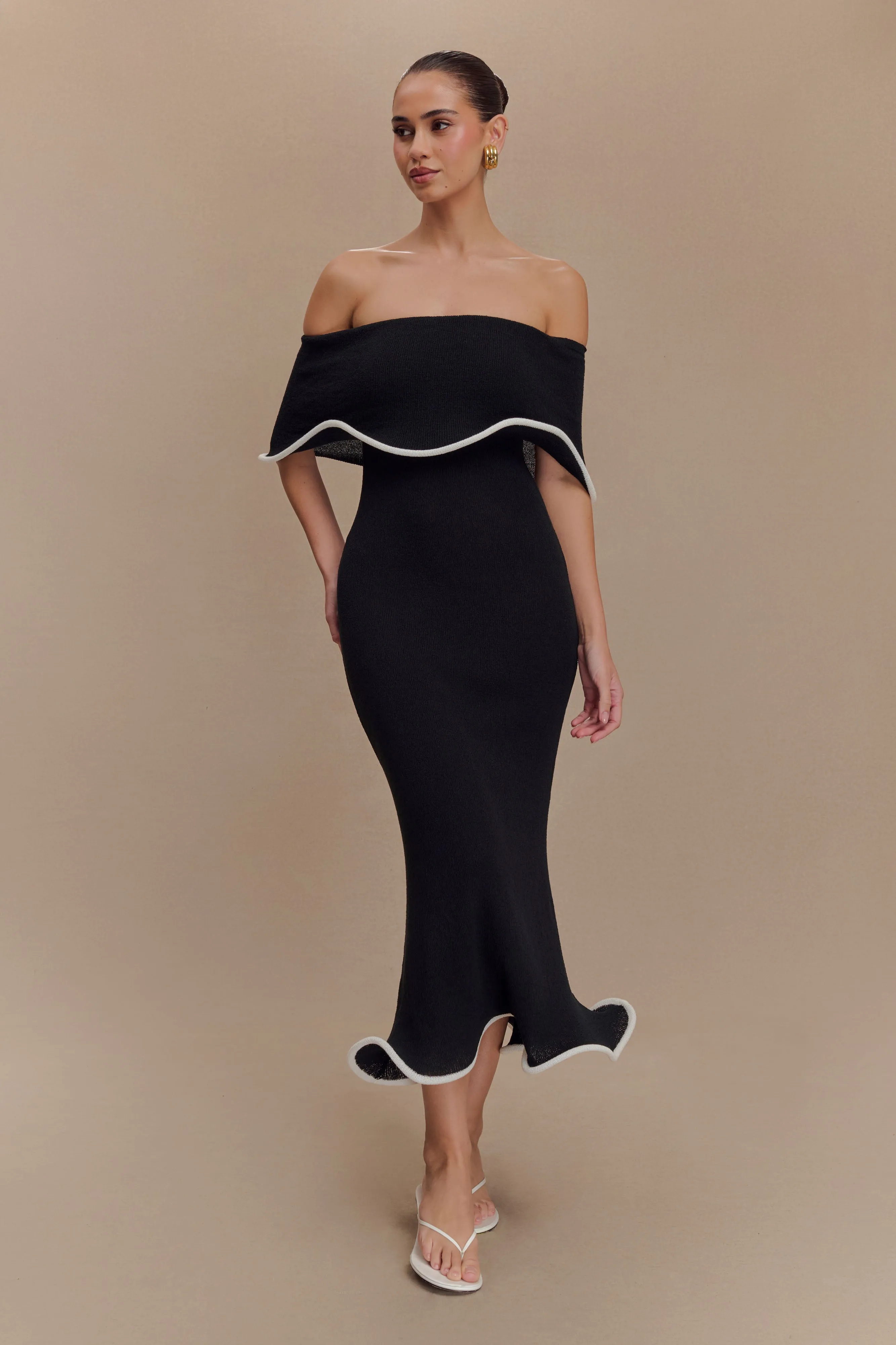 Molly Off Shoulder Knit Midi Dress - Black/White Bold Pattern All Timewear