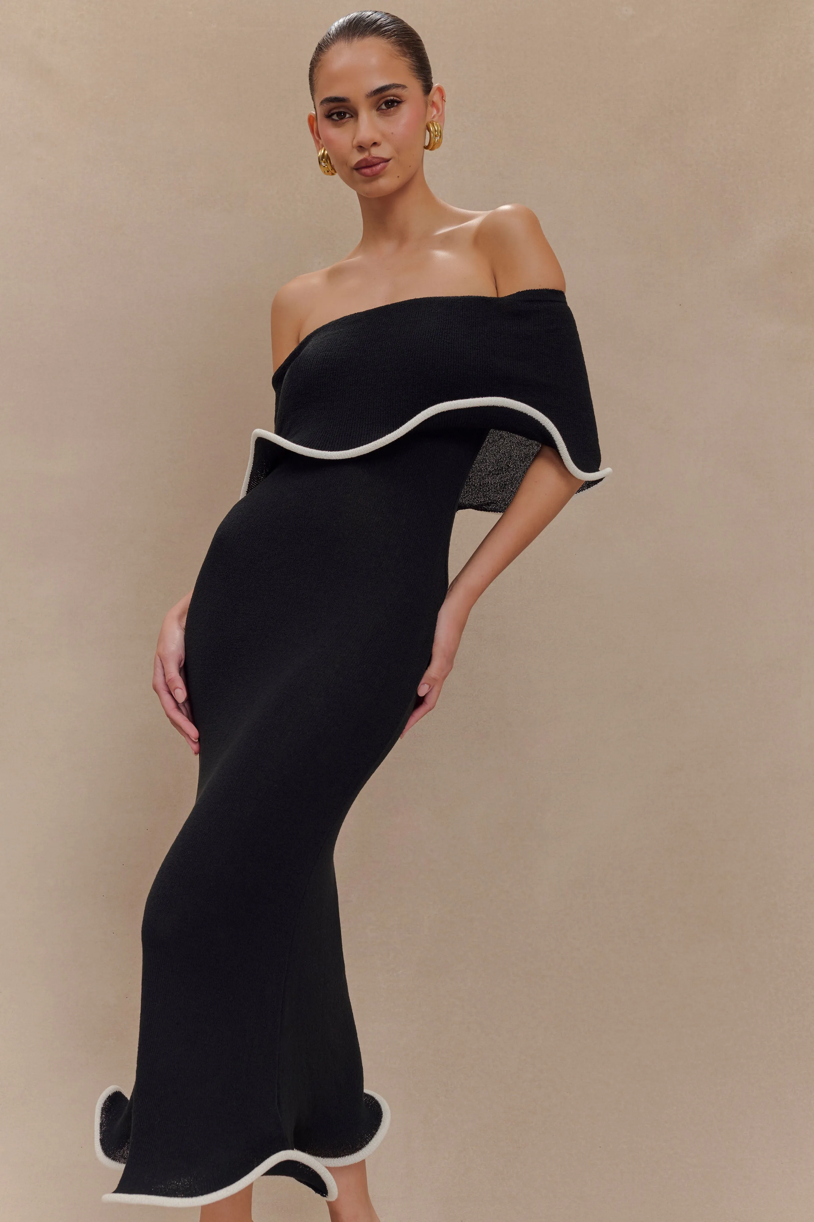 Molly Off Shoulder Knit Midi Dress - Black/White Casual Comfort