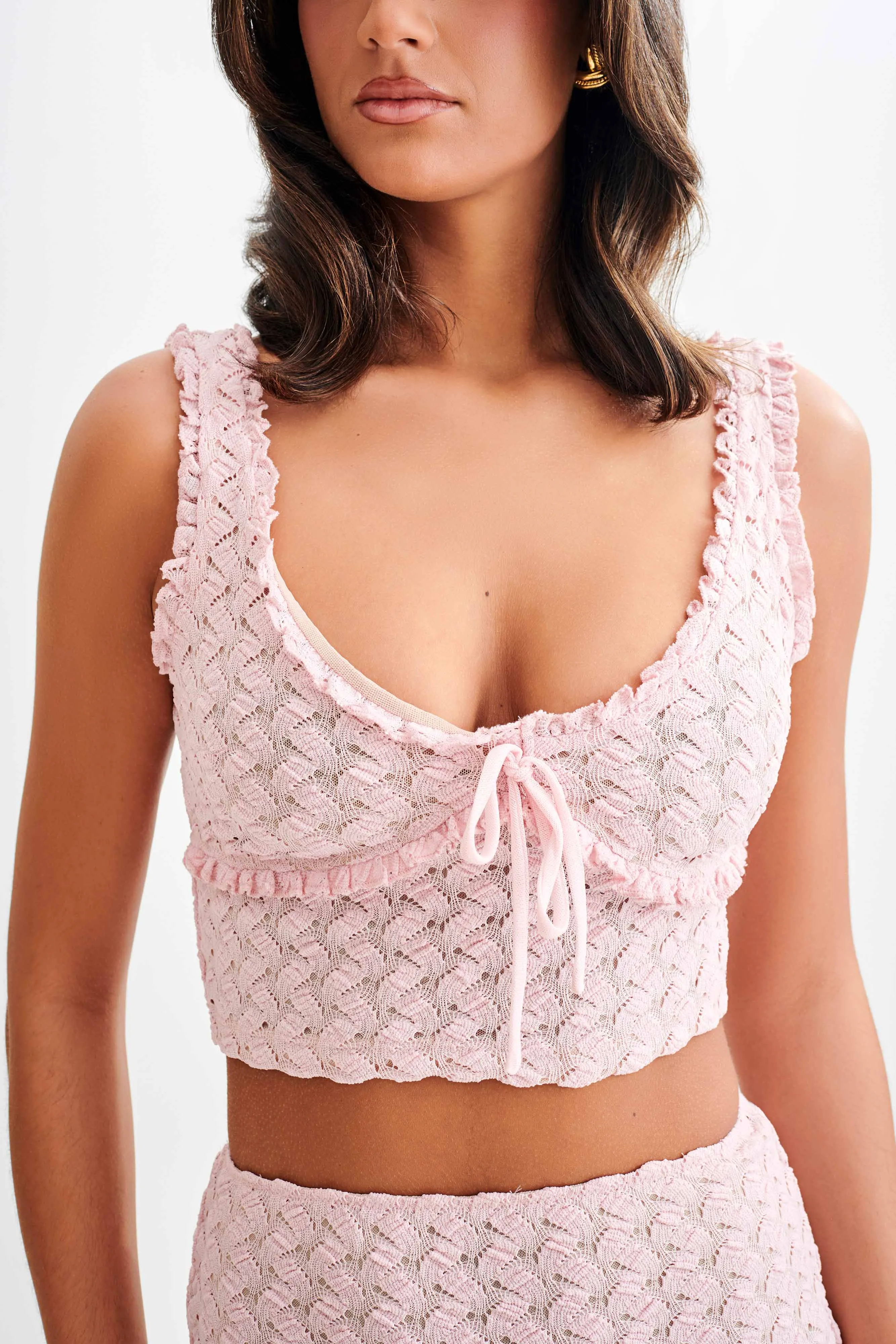 Seamless Knit Design Morgan Mesh And Lace Sleeveless Top - Powder Pink