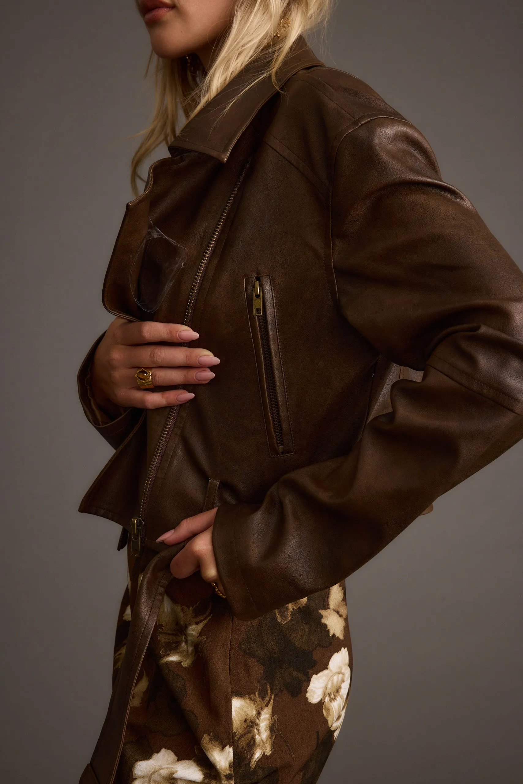 Mulholland Mocha Vegan Leather Moto Jacket VNeckline Sleeveless Tee