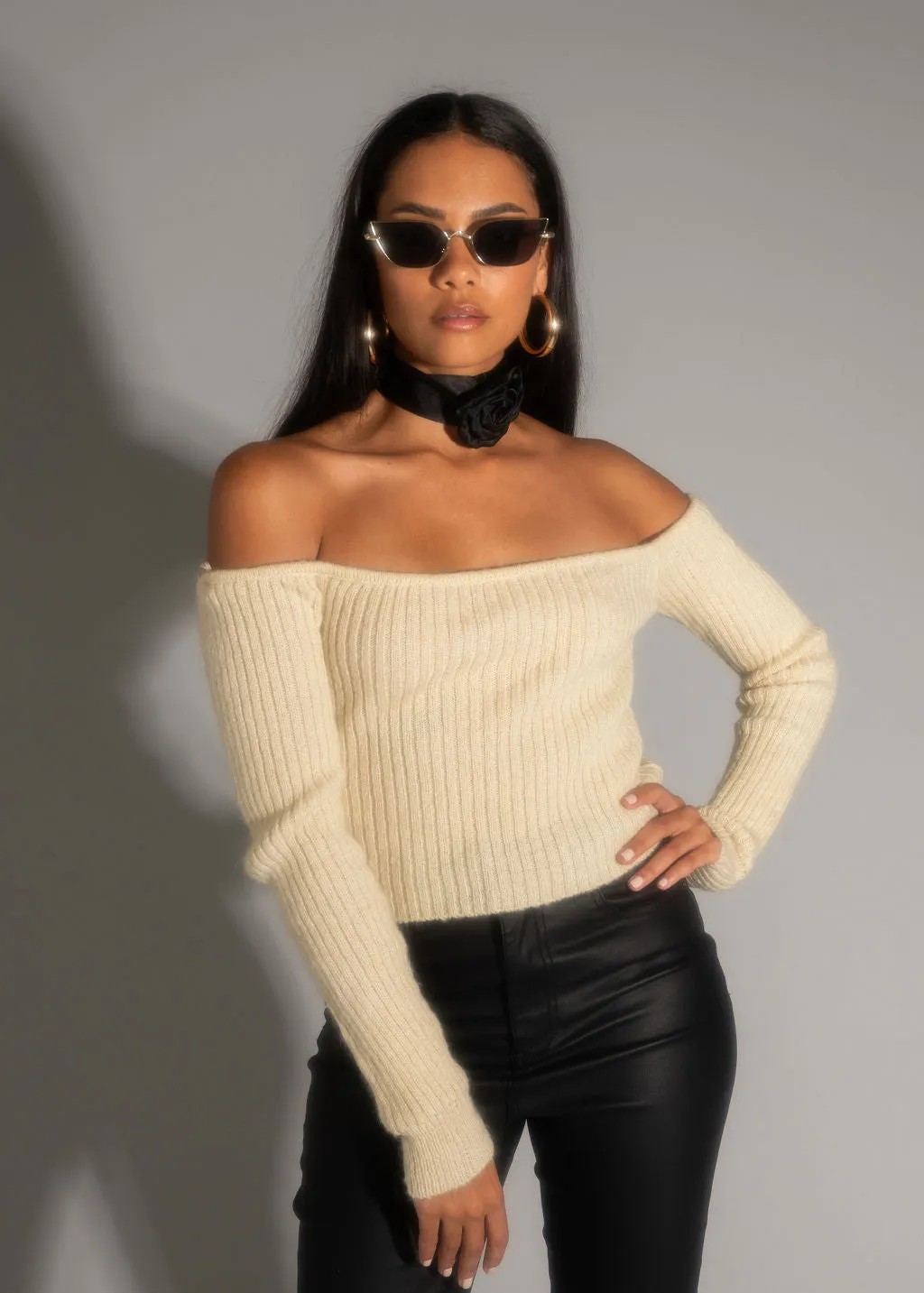 Miley Beige Off The Shoulder Sweater Tencel Blend Fabric