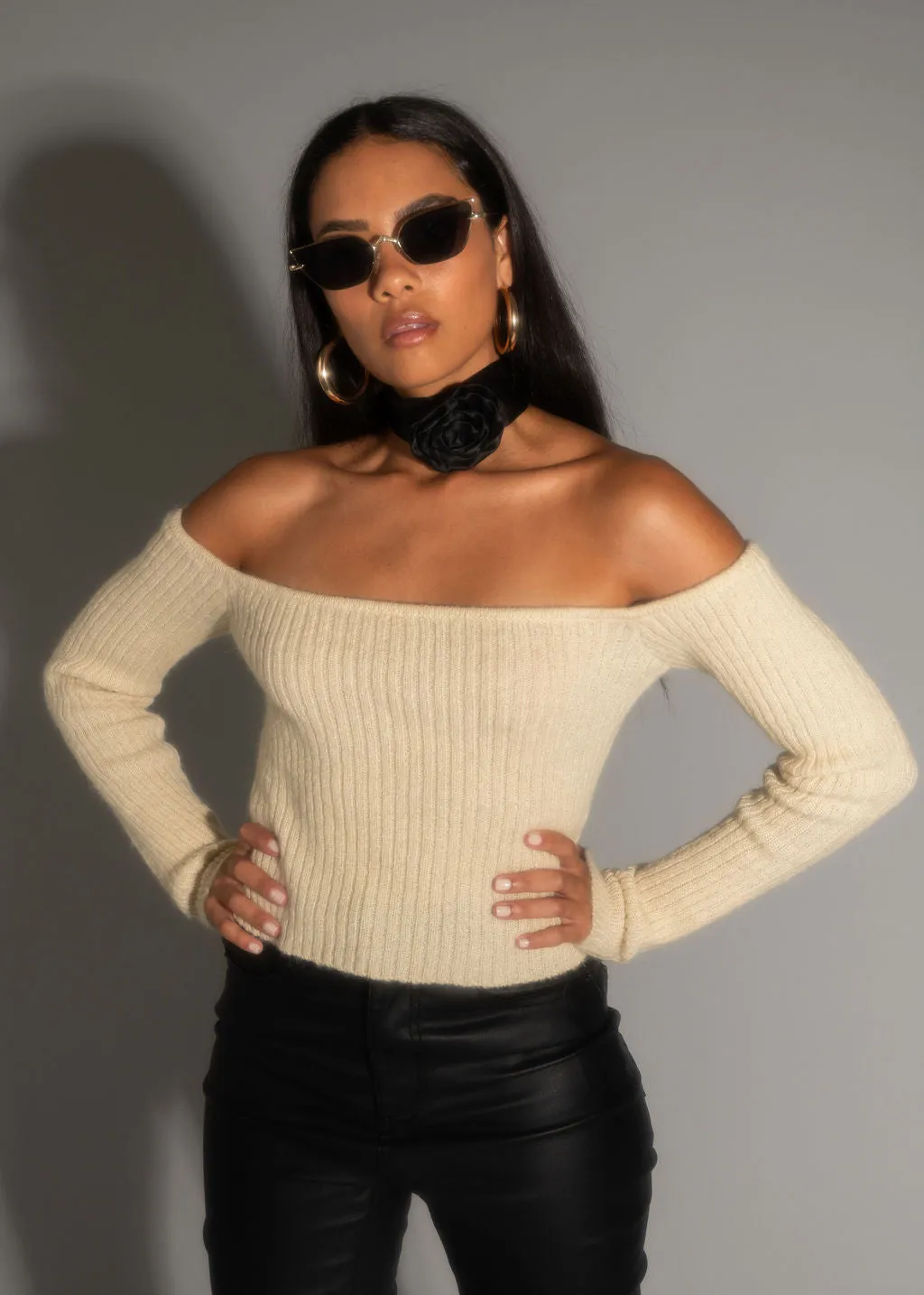 Miley Beige Off The Shoulder Sweater Flattering Drape Quick Access Pockets