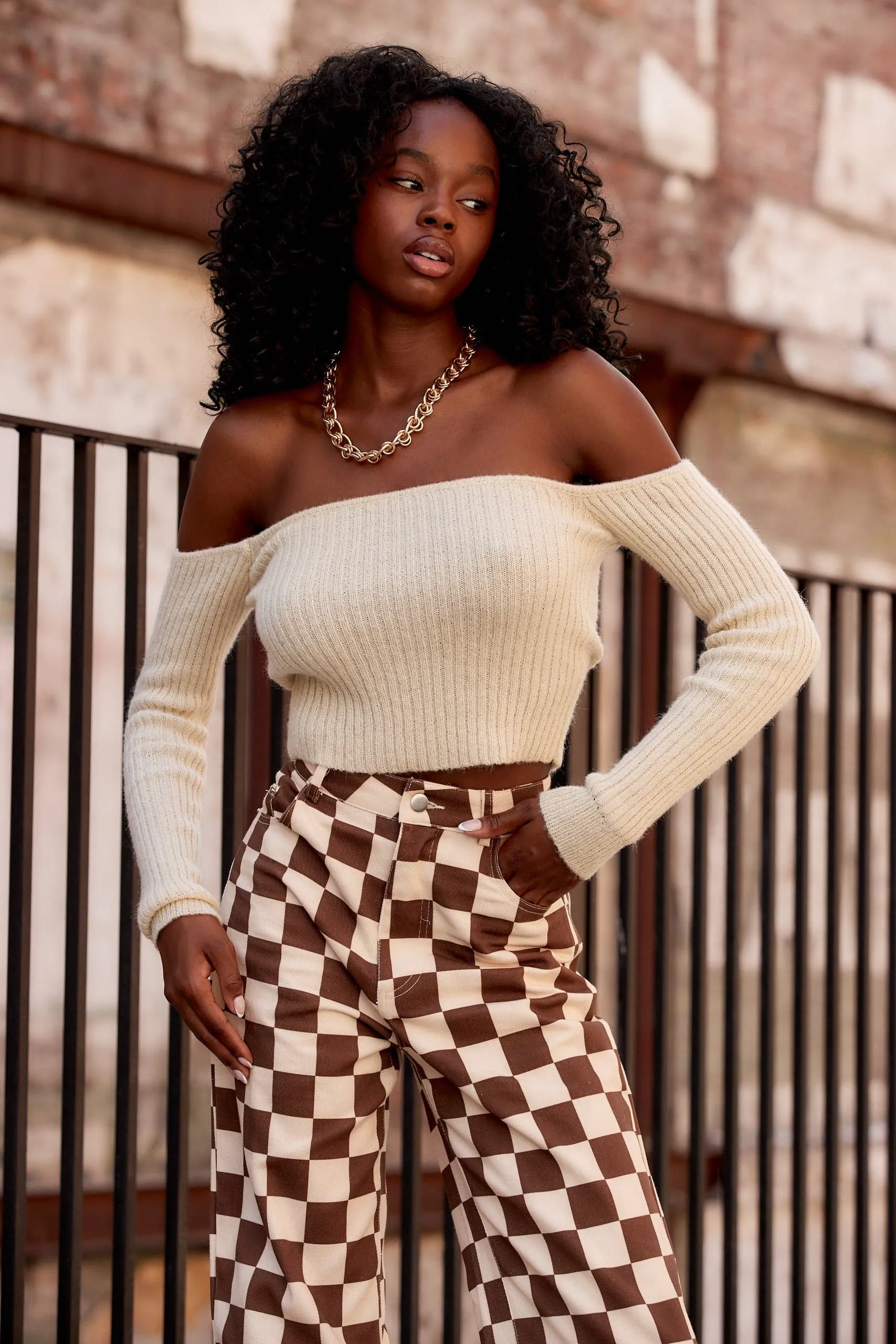 Miley Beige Off The Shoulder Sweater No Iron Fabric Temperature control