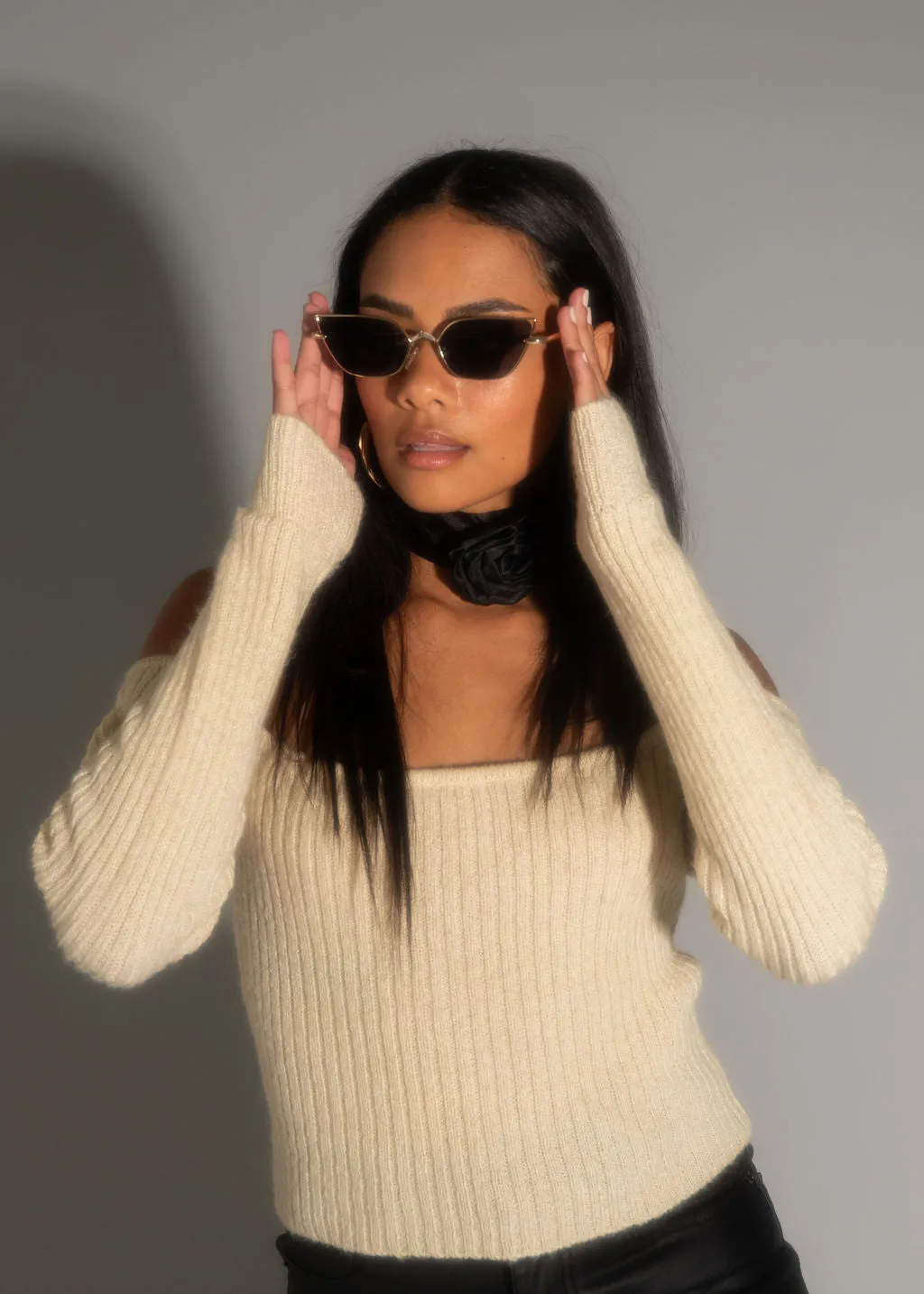 Miley Beige Off The Shoulder Sweater Variable Tension Adjustment Multipurpose Layering Piece