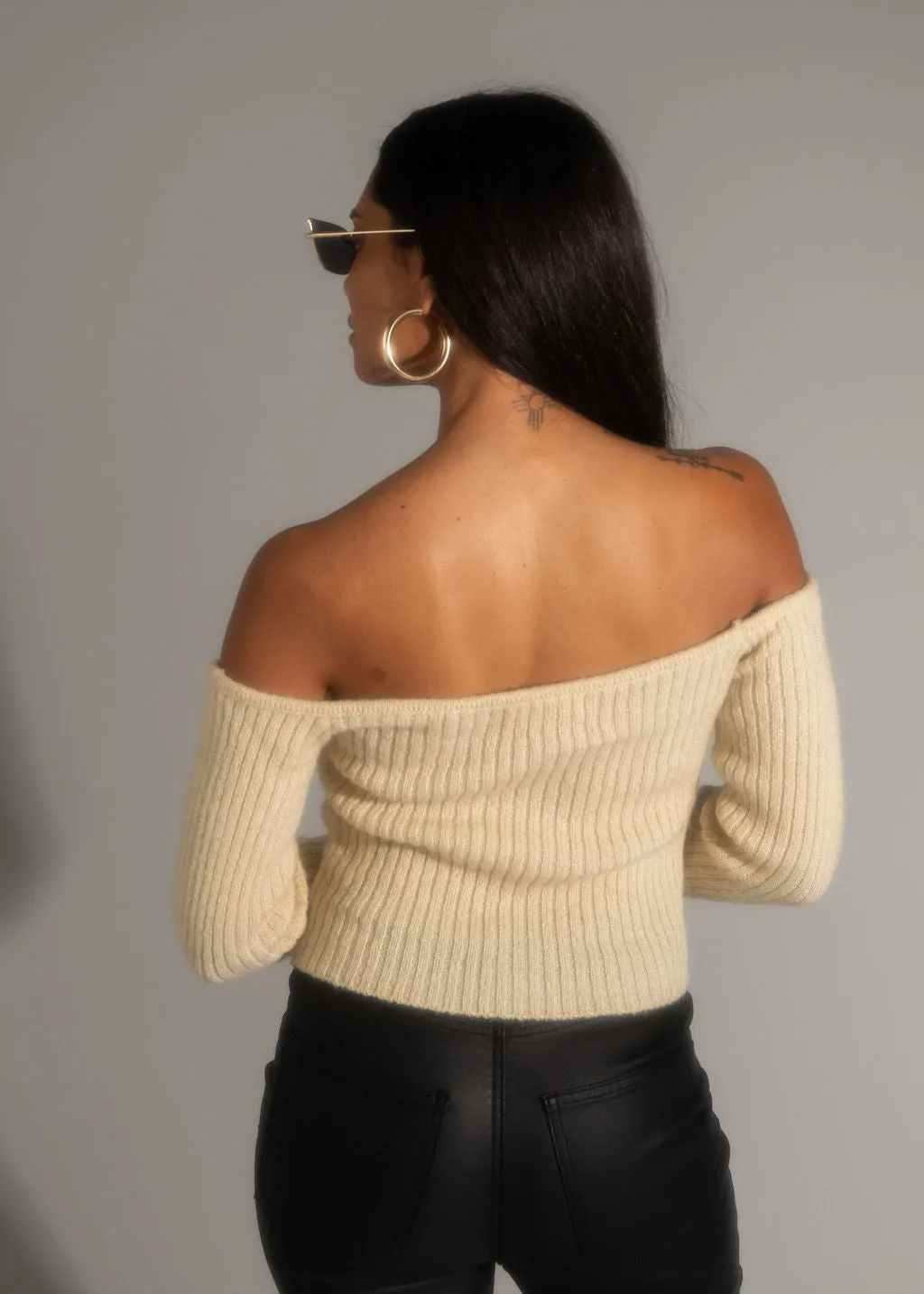 Miley Beige Off The Shoulder Sweater Garment Dyed Finish