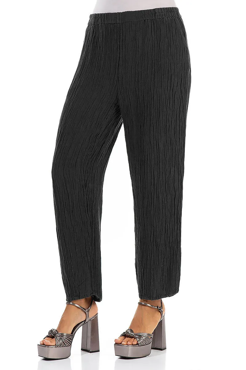 Taper Crinkled Black Silk Trousers Low Profile