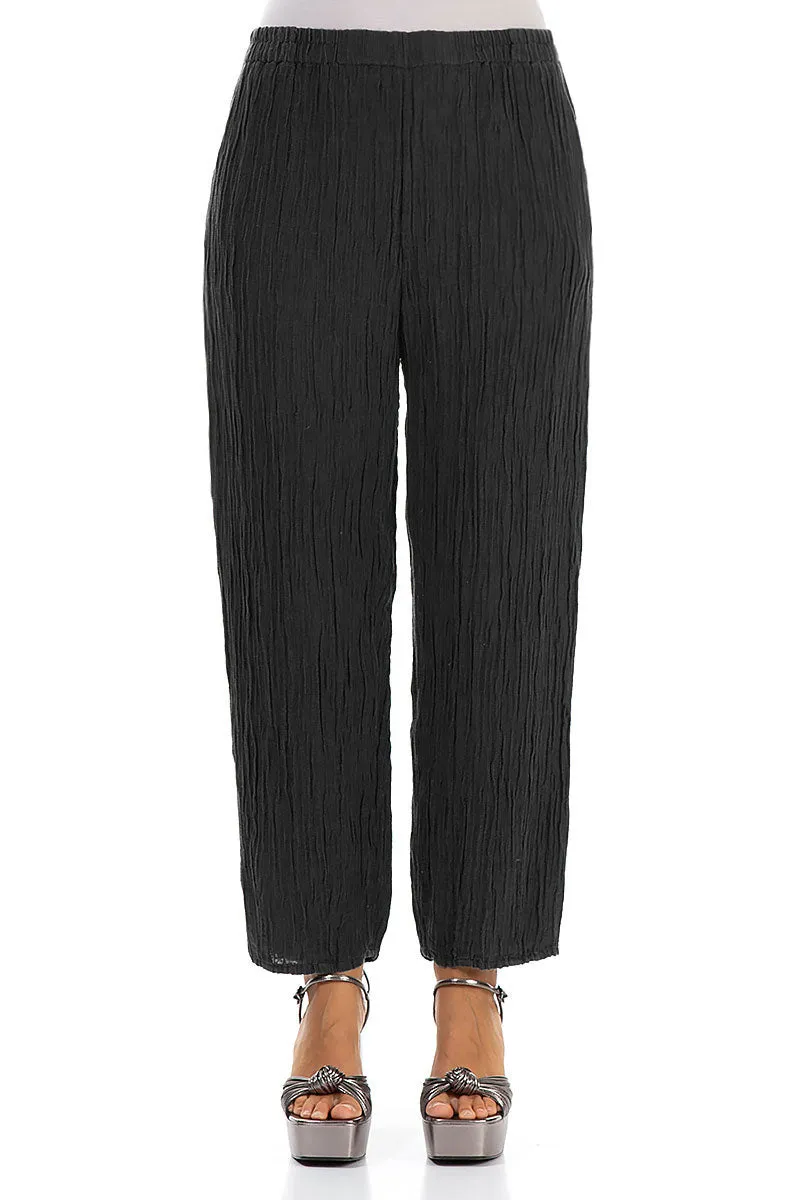 Taper Crinkled Black Silk Trousers ResilientElasticBand