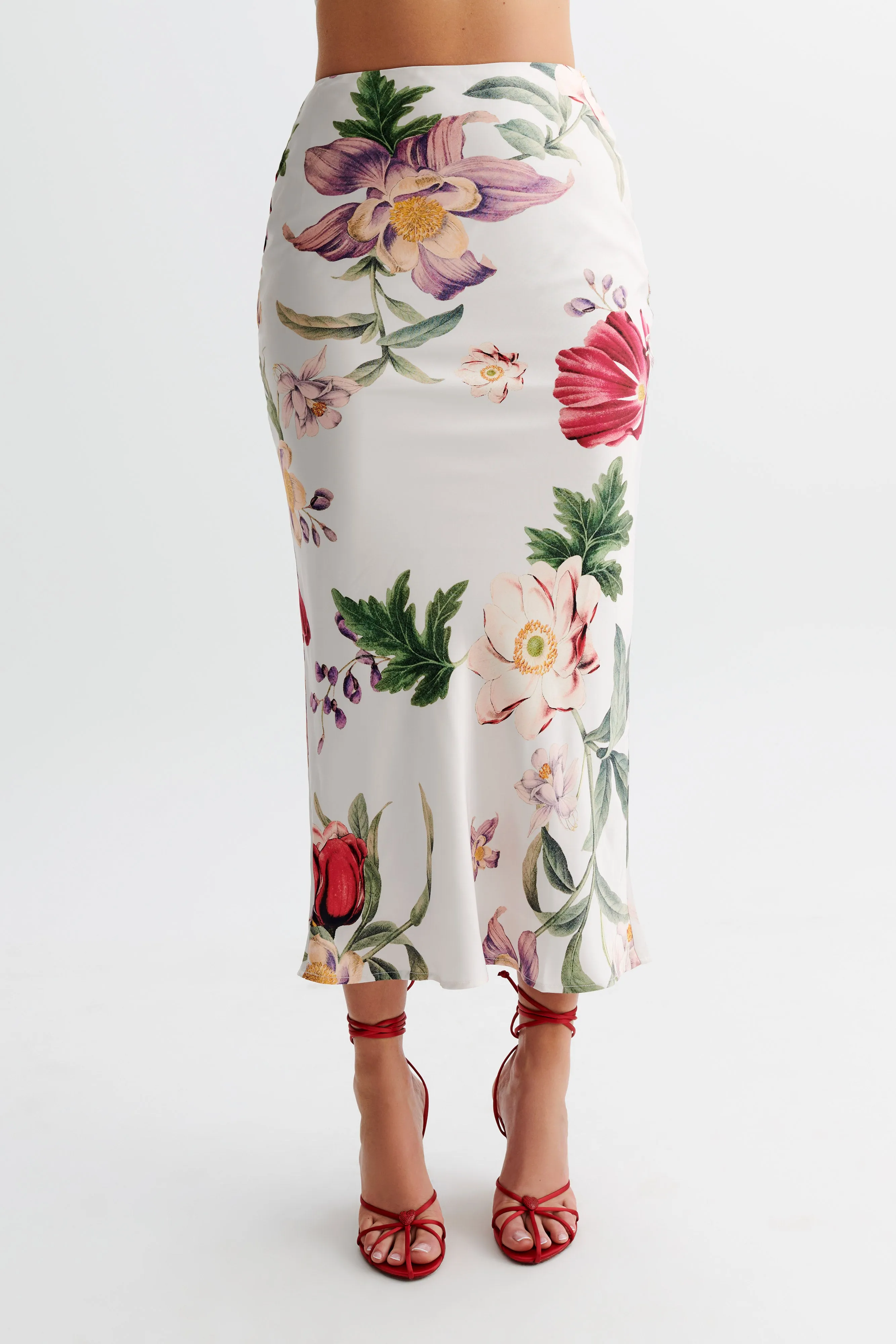Perfect Design Polyester fabric Viviana Satin Midi Skirt - Bella Rosa Print