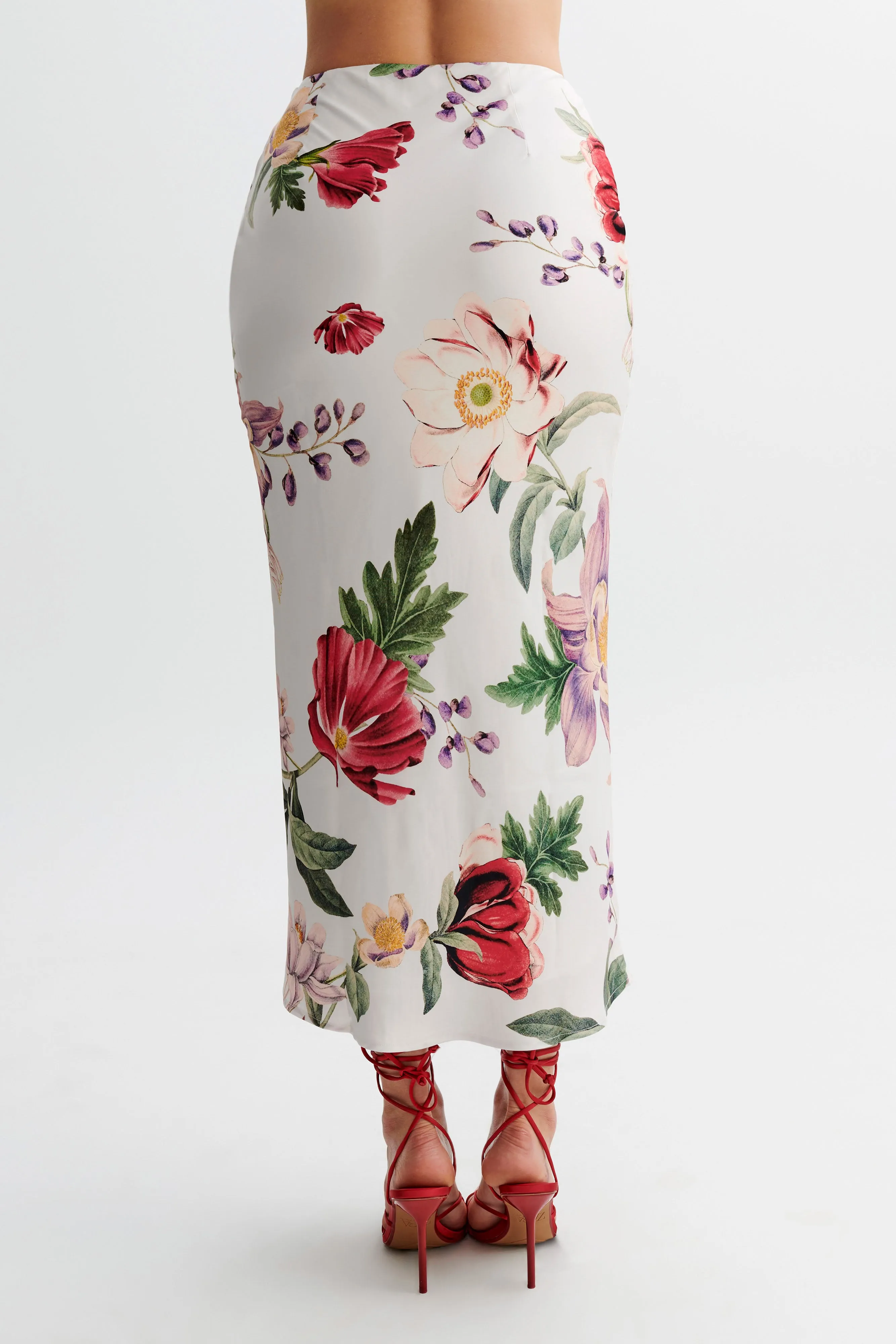 Viviana Satin Midi Skirt - Bella Rosa Print Slimline Fit