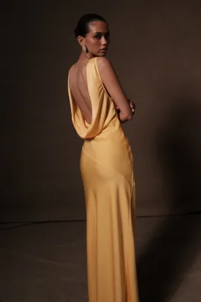 Nadia Maxi Satin Dress With Back Cowl - Lemon Soft Texture Modern Lines
