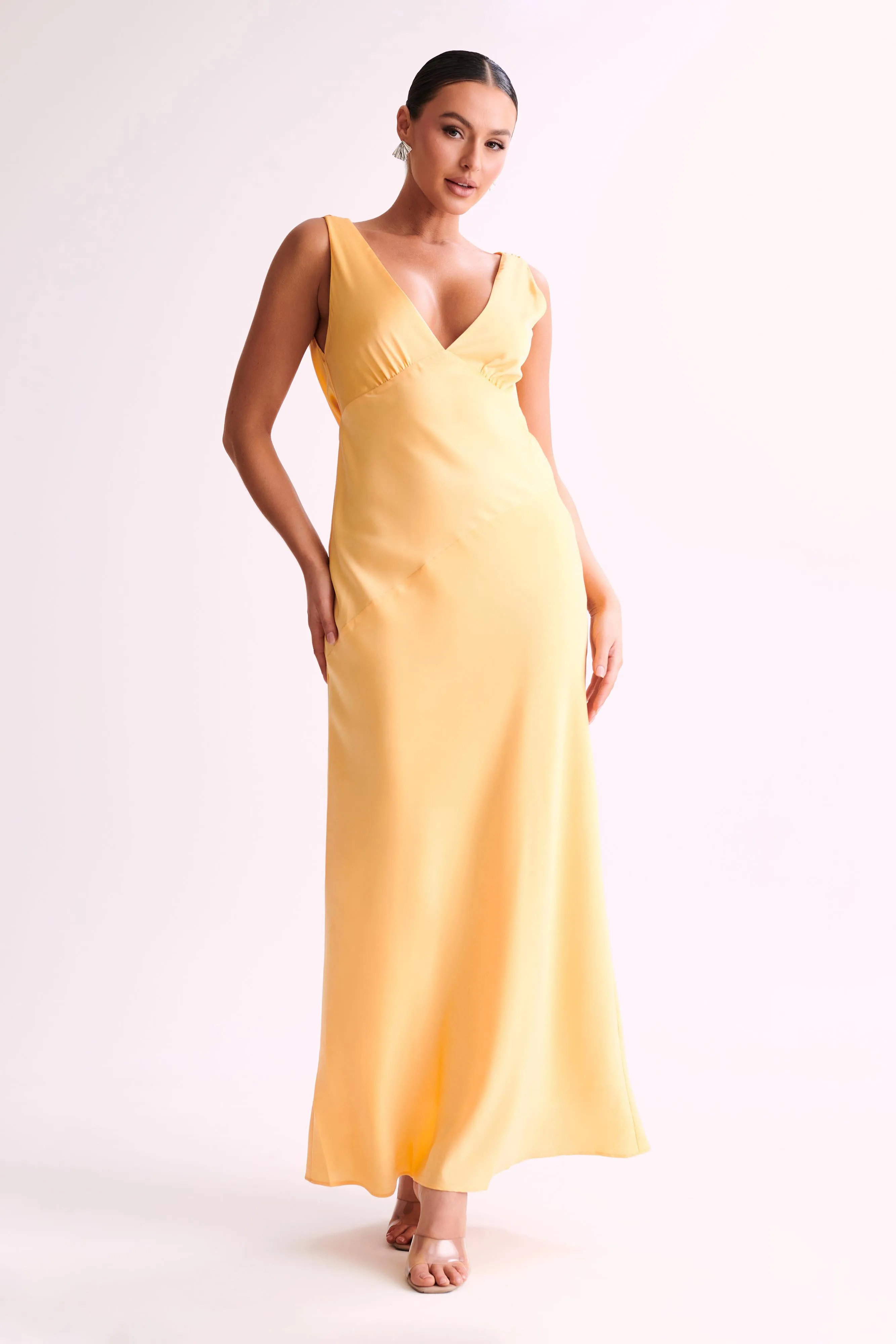 Sheer Element Peace View Nadia Maxi Satin Dress With Back Cowl - Lemon