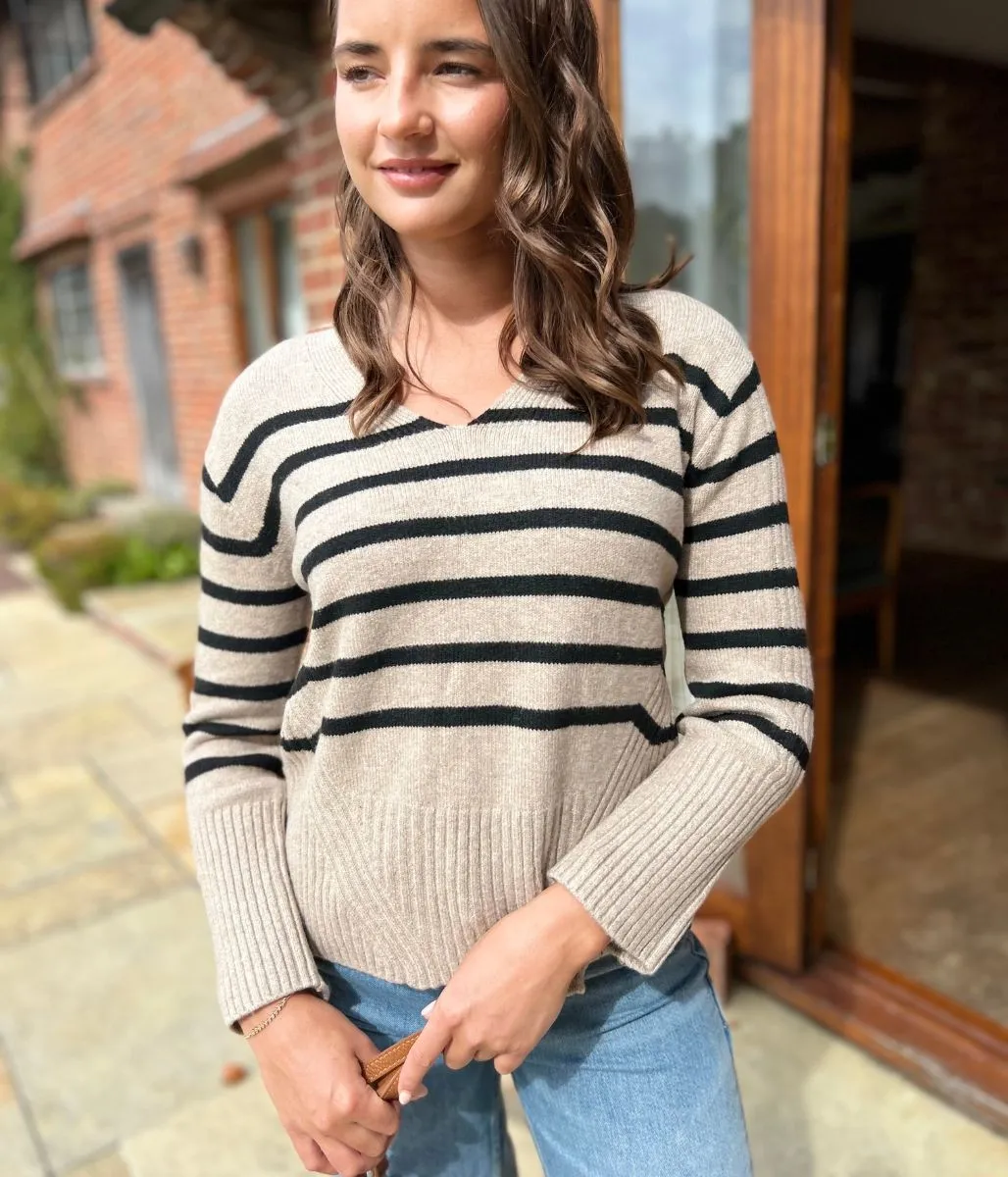 Soft Touch V Neck Striped Jumper Warm and Cozy