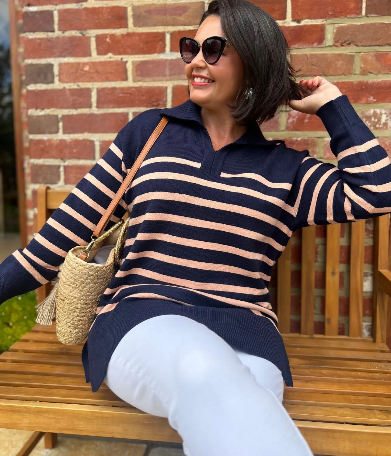 Navy & Pink Striped Rayon Blend Jumper Perfect Knitwear Warm Layers