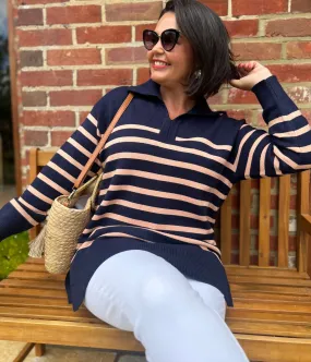 Navy & Pink Striped Rayon Blend Jumper Perfect Knitwear Warm Layers