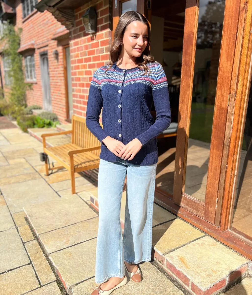 Navy Fairisle Crew Neck Cardigan Flexible Drop Shoulder