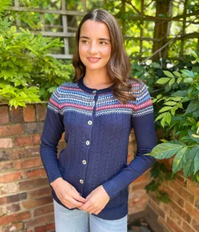 Navy Fairisle Crew Neck Cardigan Comfort Flex Fit Warm Knitwear