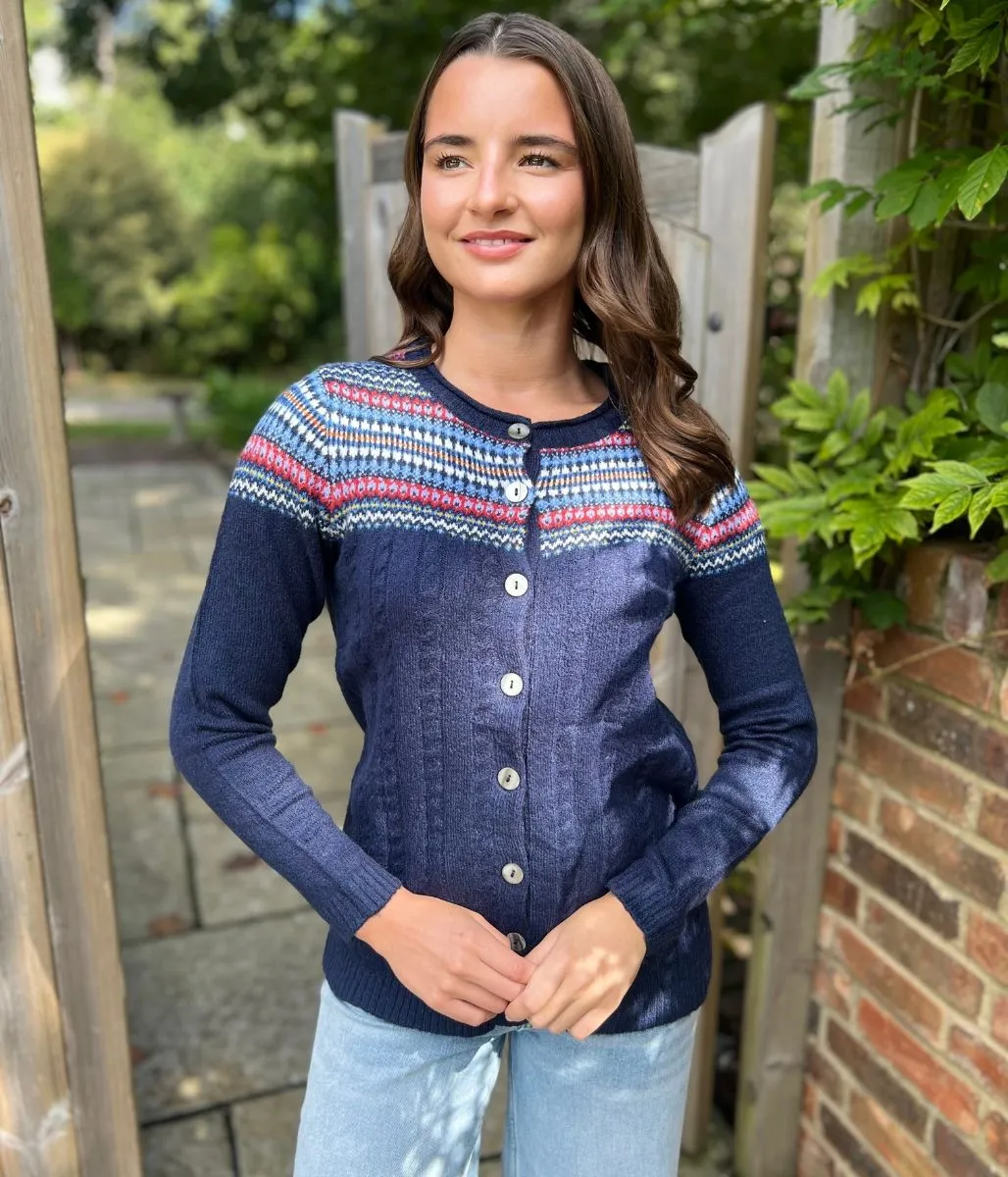 Navy Fairisle Crew Neck Cardigan Quick Fit Stretch Soft & Cozy