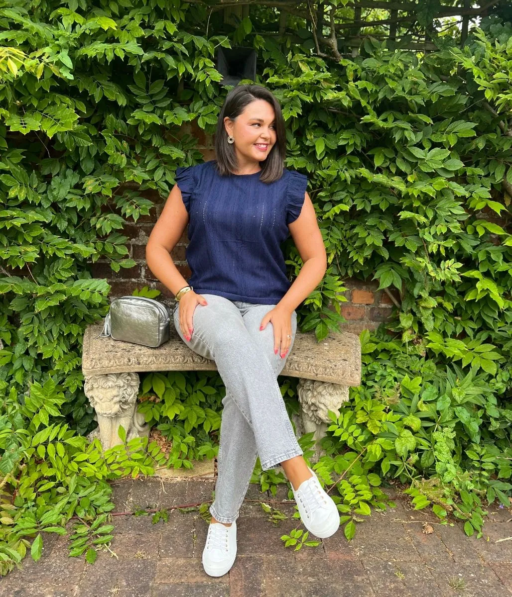Navy Frill Sleeve Broderie Anglaise Top ComfortStretch