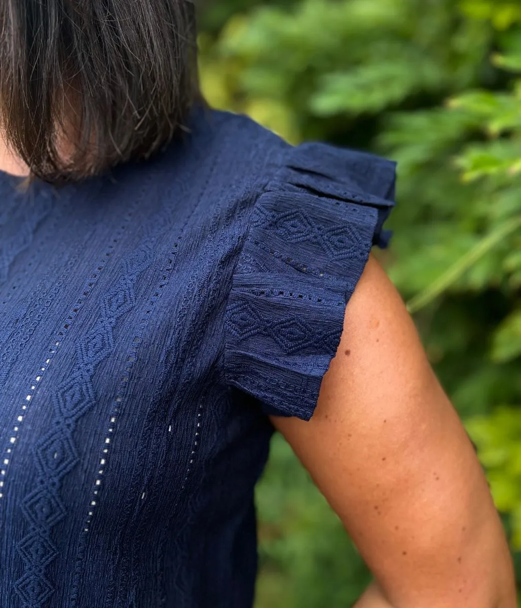 Navy Frill Sleeve Broderie Anglaise Top Hotel Style CompactFold