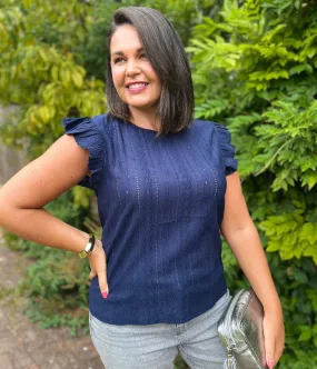 Sporty Design Navy Frill Sleeve Broderie Anglaise Top