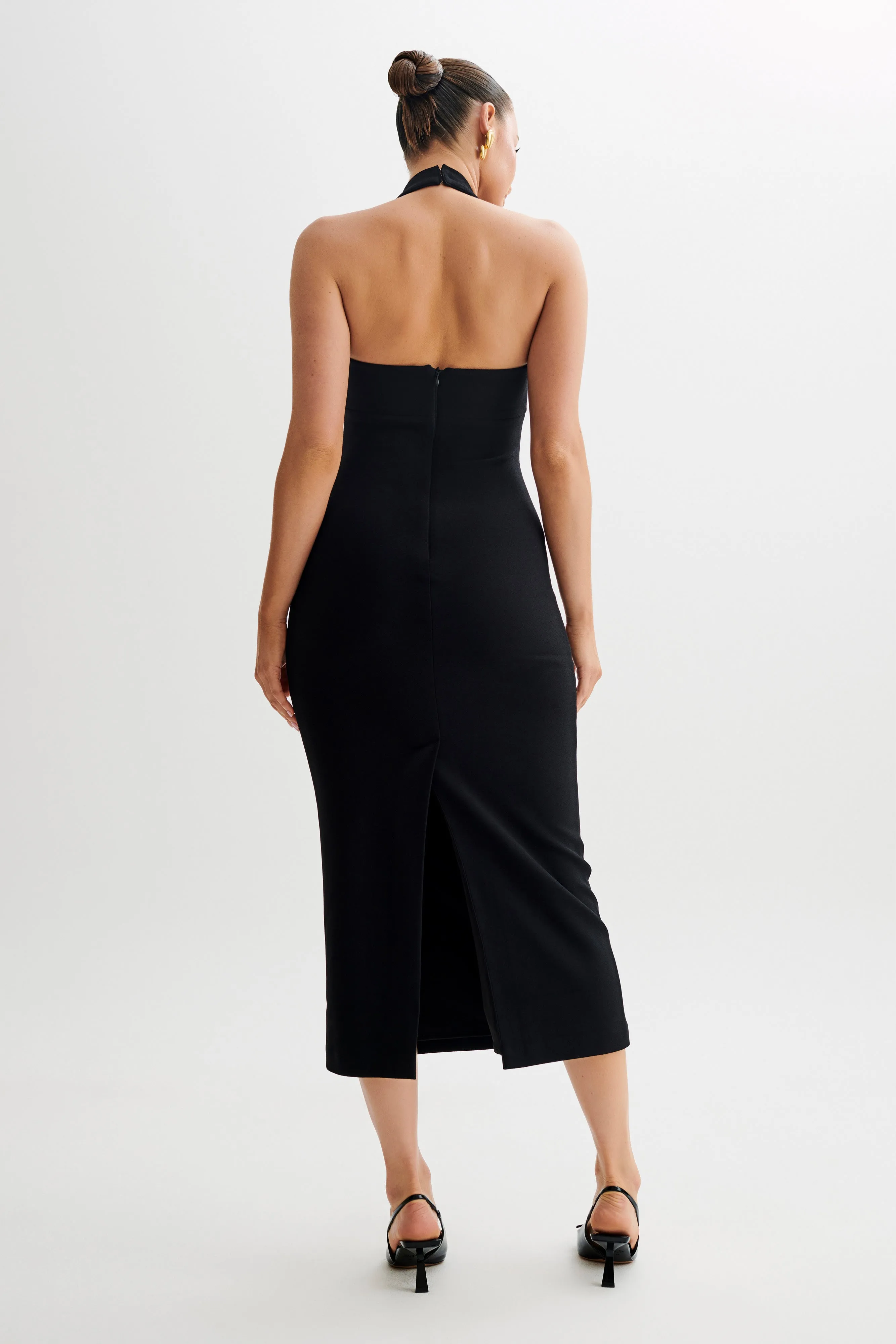 Amelita Suiting Halter Midi Dress - Black Layered Design