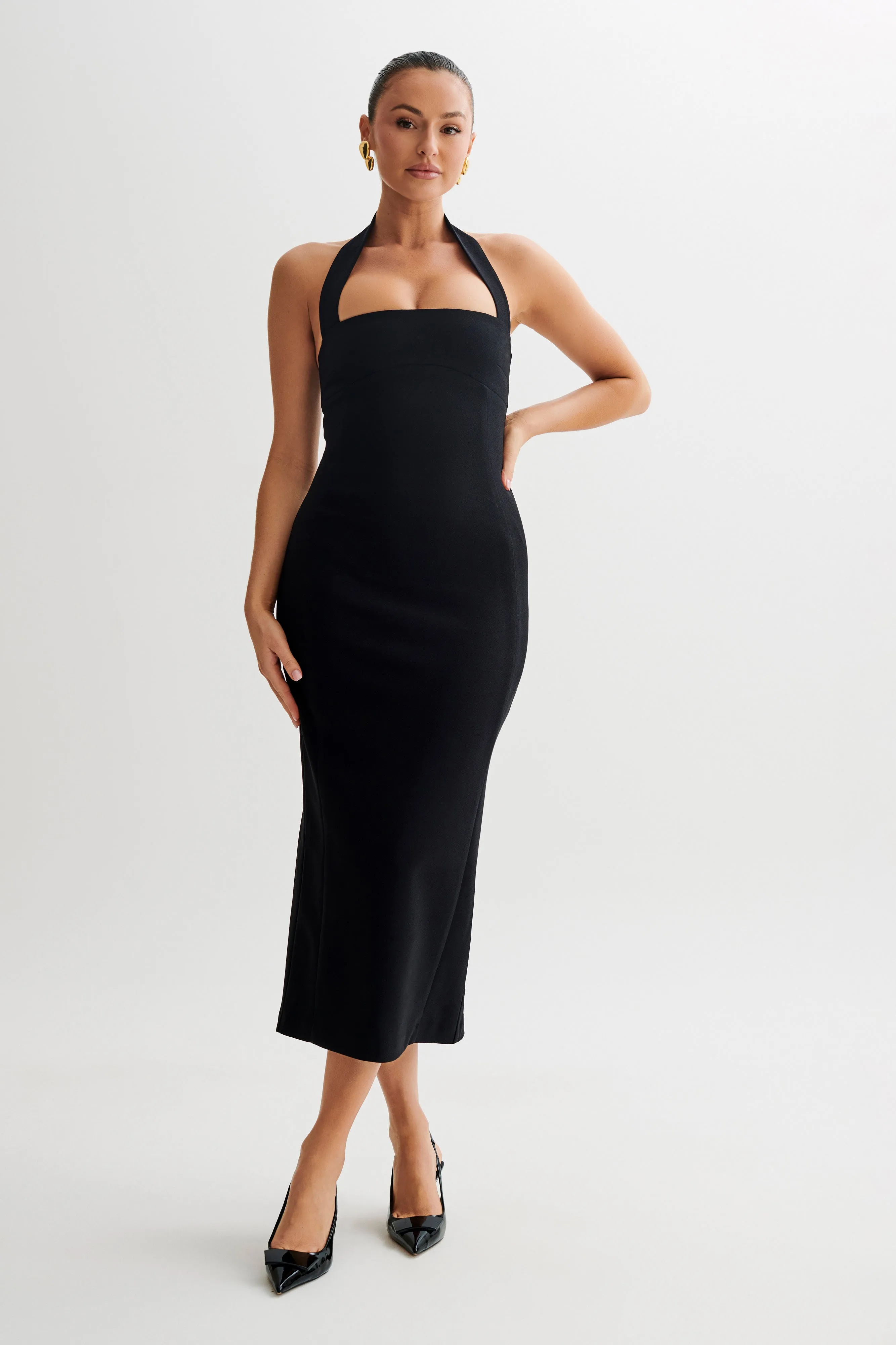 Amelita Suiting Halter Midi Dress - Black Bohemian style