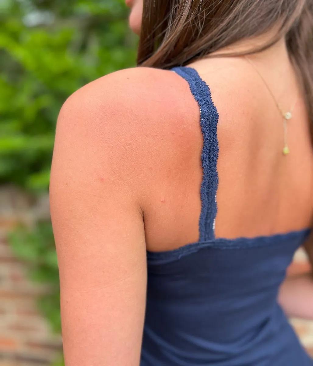 Hygienic Finish Active Apparel Navy Lace Trim Cami Top