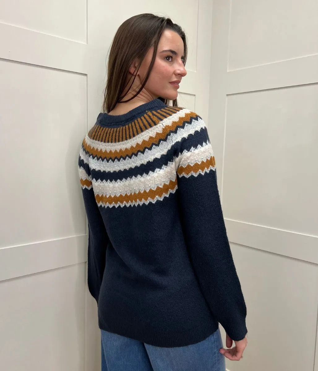 Navy Metallic Fairisle Jumper Breathable Layer Fit Non Restrictive Armhole