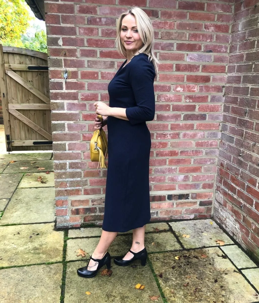 Navy Ottoman Ribbed V Neck Dress Light Flow