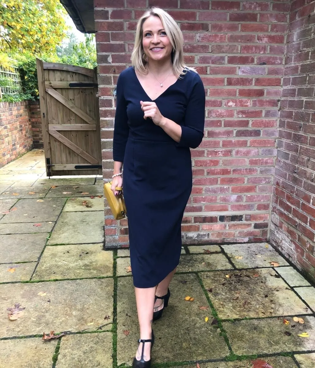 Navy Ottoman Ribbed V Neck Dress Countryside-Style