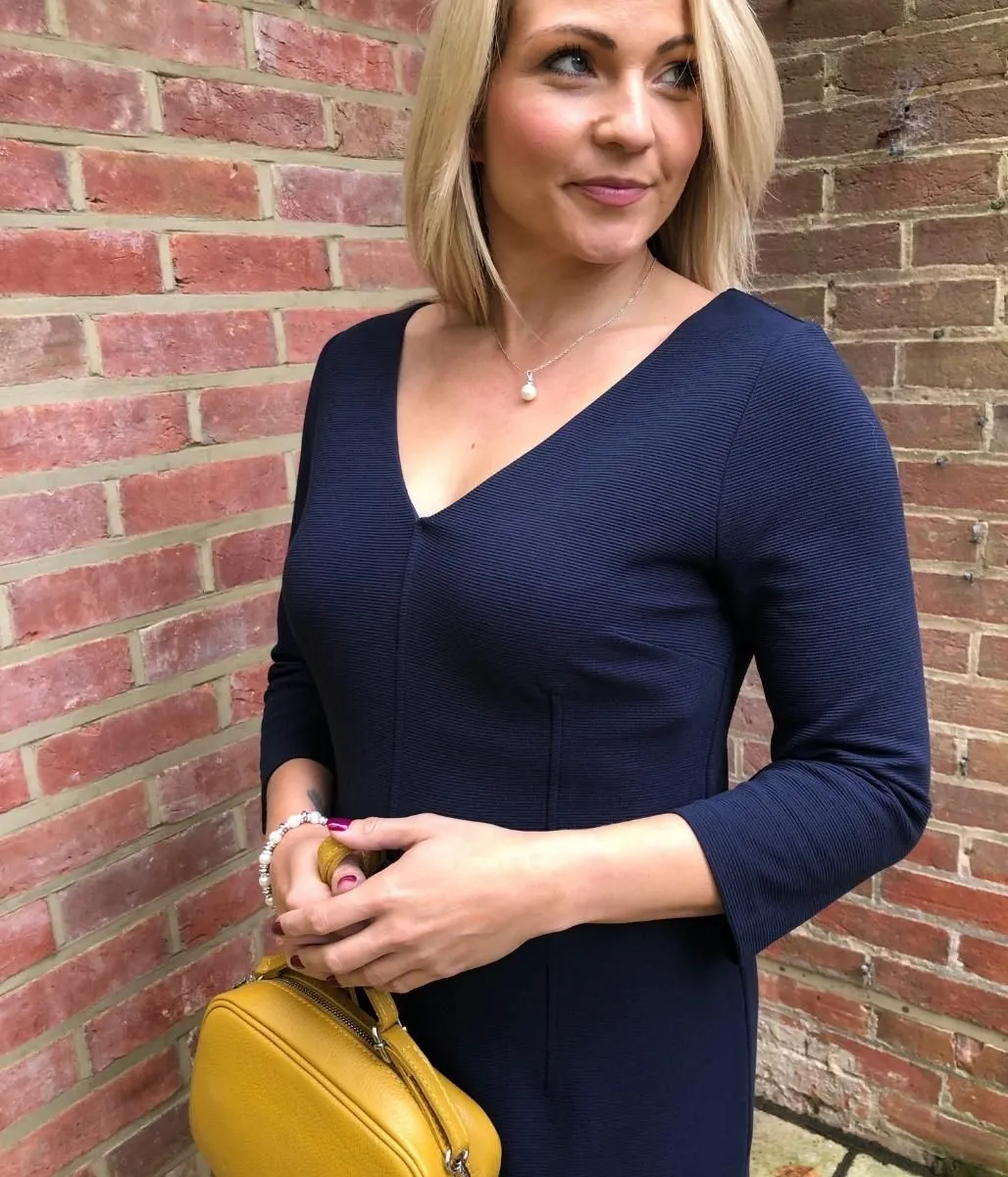 Hook-And-Eye Matte Fabric Navy Ottoman Ribbed V Neck Dress