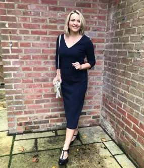 Japan Cool Navy Ottoman Ribbed V Neck Dress