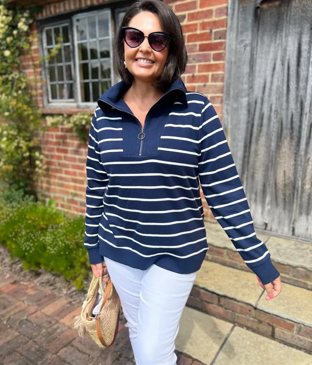 Navy Striped Ex Seasalt Tideline Half Zip Sweatshirt Magic Glow