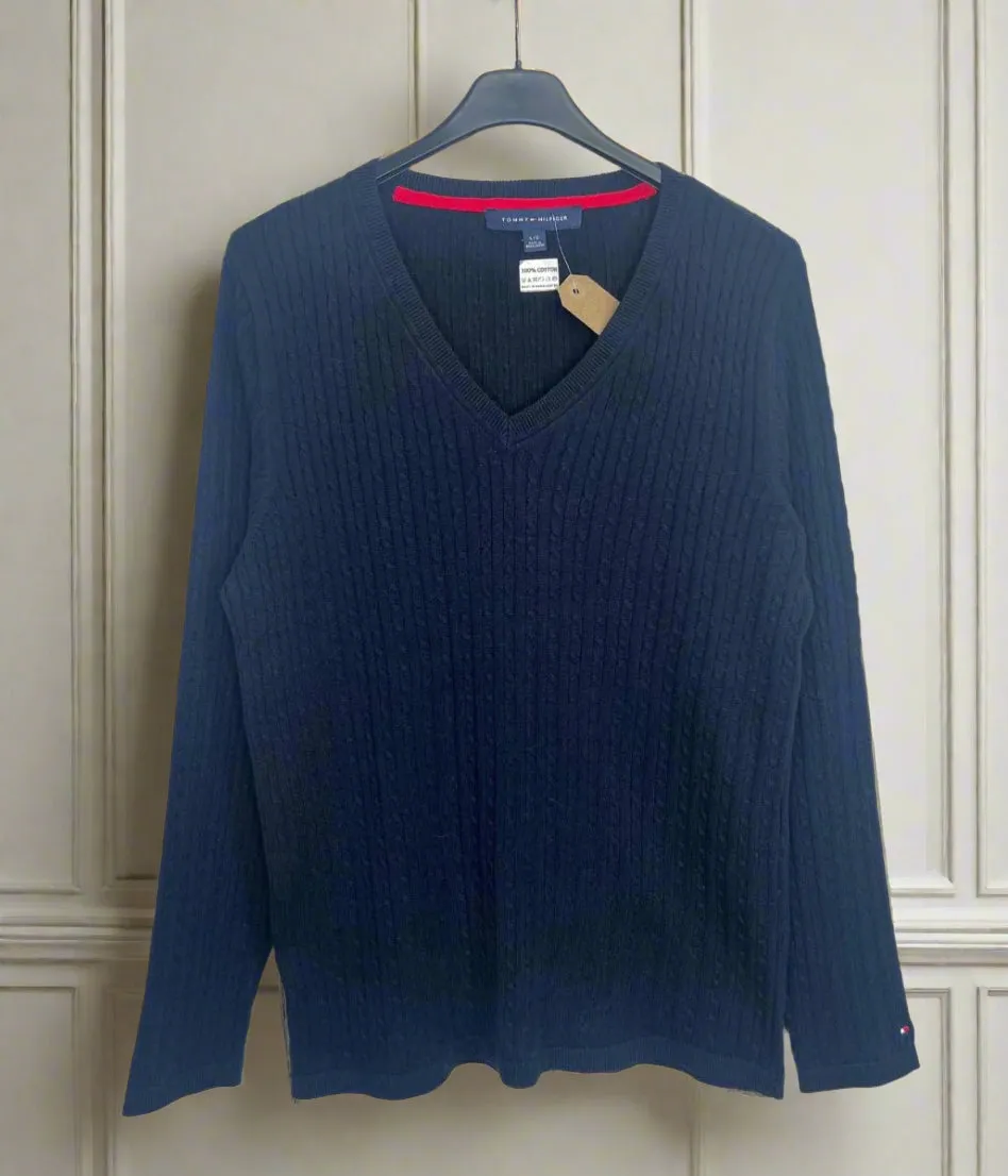 Navy V Neck Cable Twist Jumper Cozy and Soft