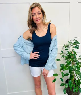 Navy Wide Strap Vest Top Travel Vibe Bold Fashion