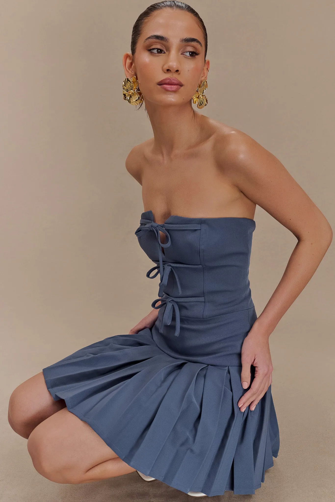 Balanced Light Naya Pleated Mini Dress With Ties - Steel