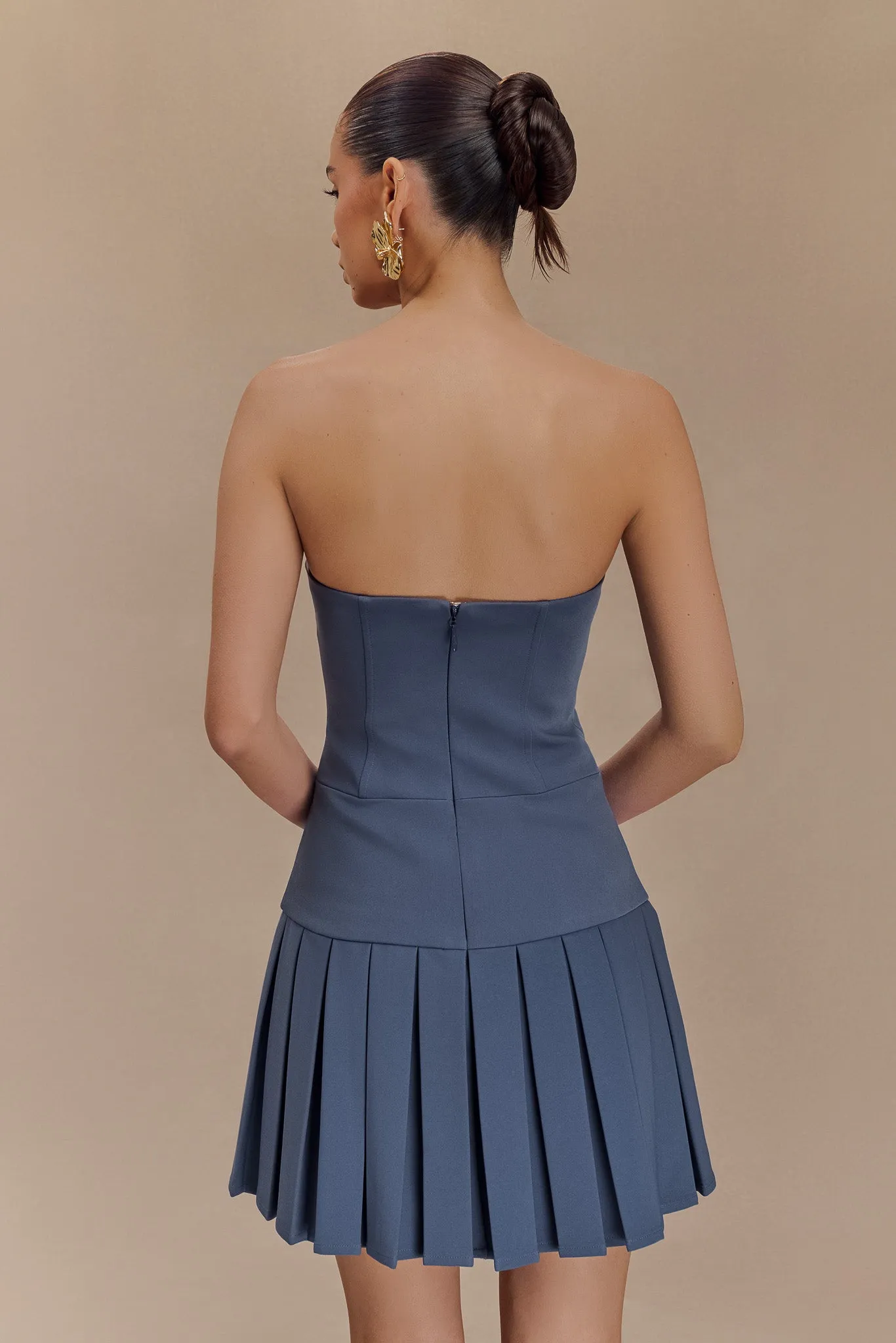 Naya Pleated Mini Dress With Ties - Steel Coffee Break