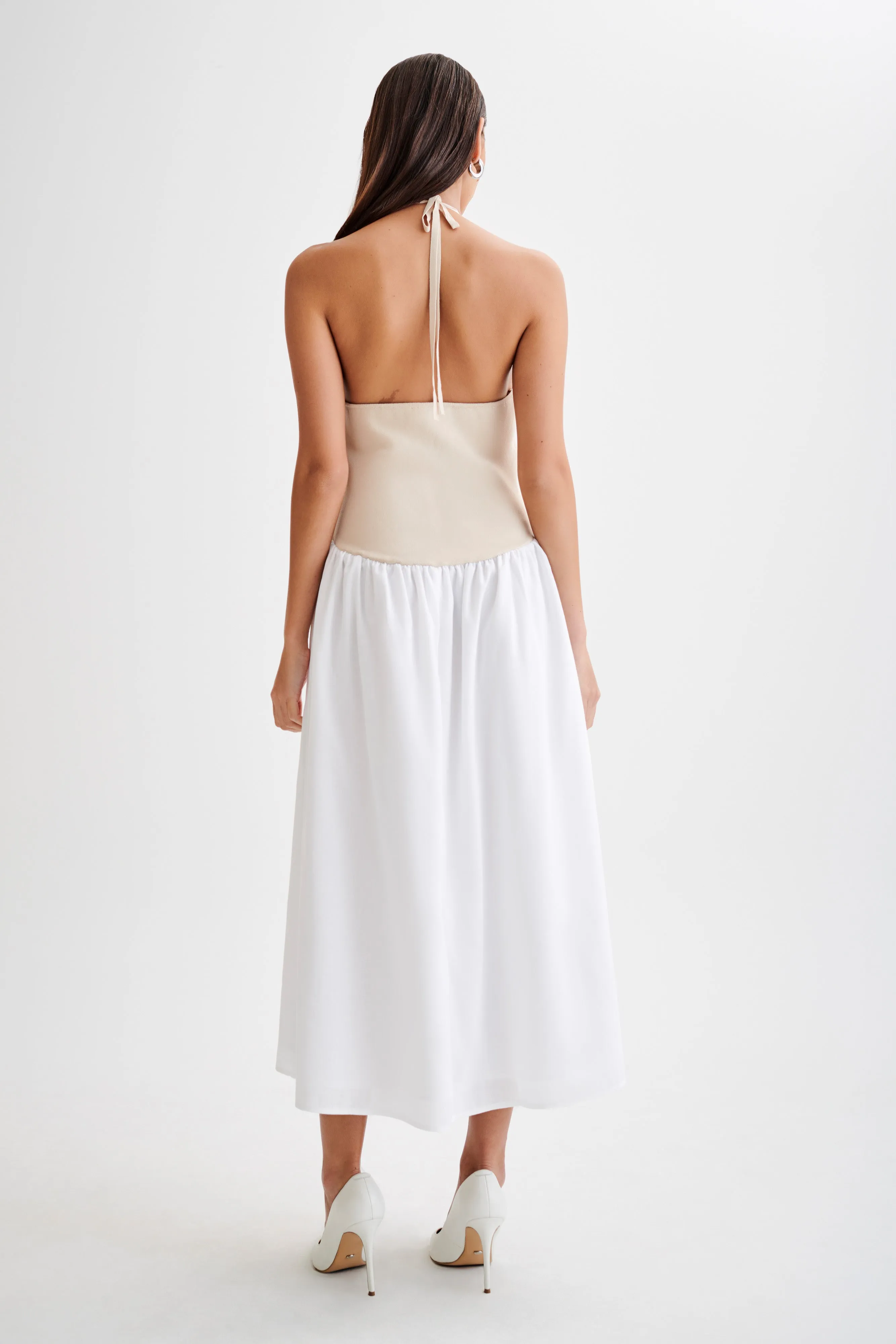 light layering Silky Mood Katie Knit And Linen Midi Dress - Natural/White